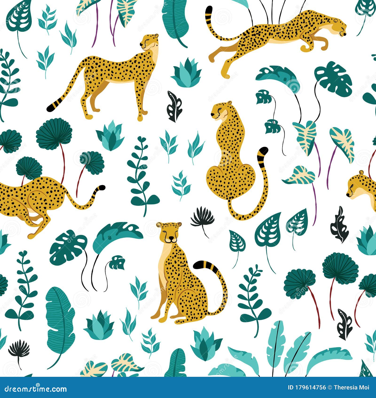 seamless pattern of summer paradise in tropical jungles with cheetahs and foliage on white backdrop
