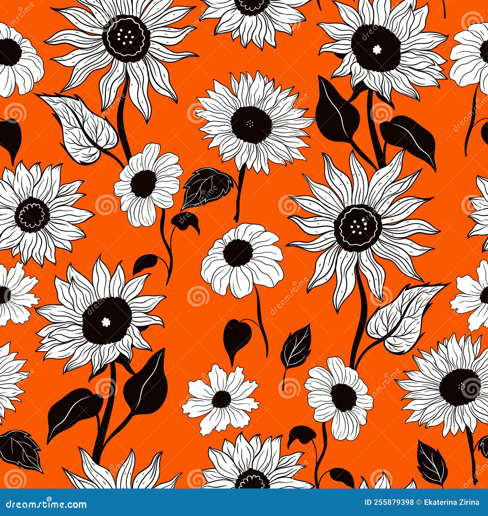 Seamless Pattern with Sunflowers on an Orange Background. Vector