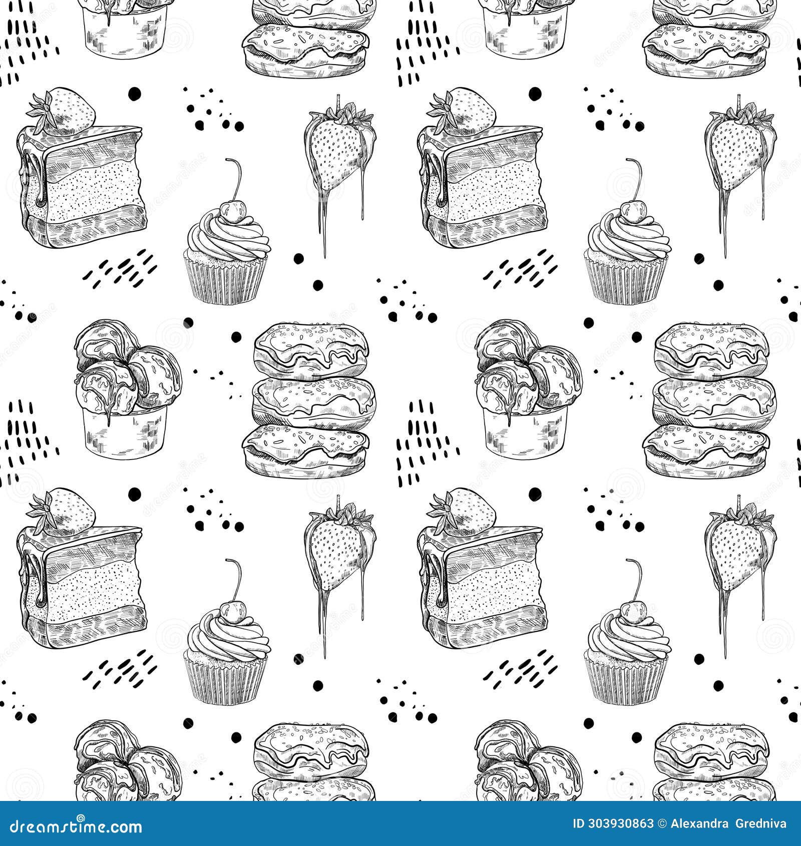 seamless pattern with sweet food graphics line art. background with a donut, strawberries, ice cream hand-drawn in ink