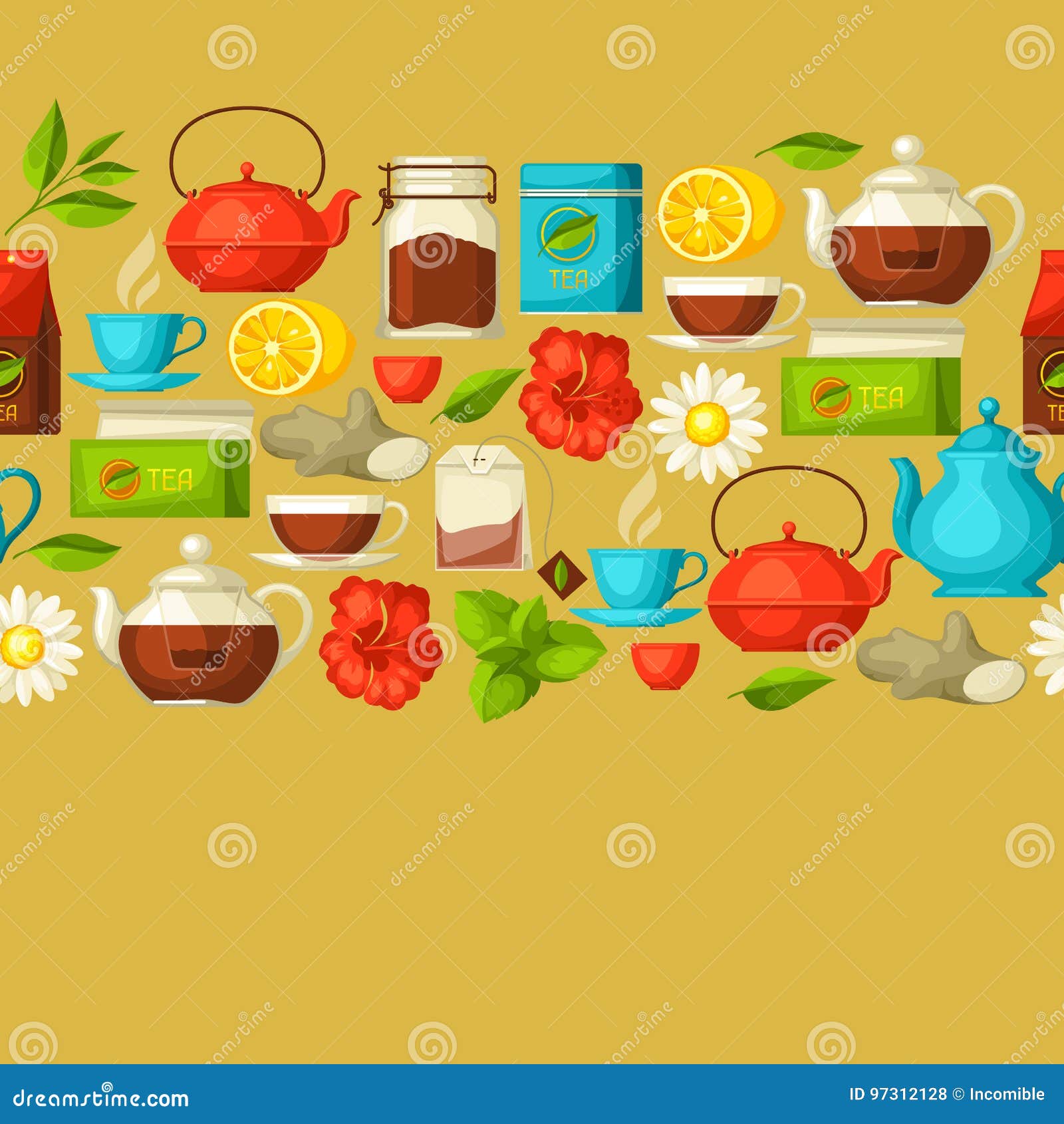 Seamless Pattern with Tea and Accessories, Packs and Kettles Stock