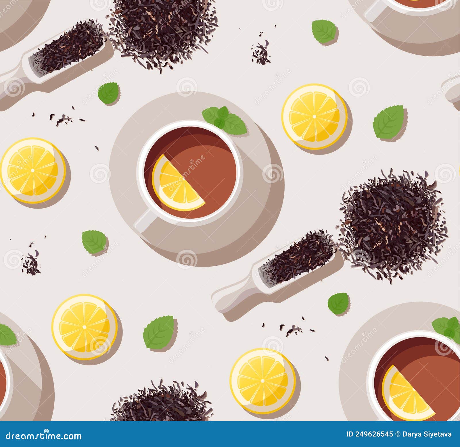 Seamless Pattern with Tea Cup, Lemon, Mint, Brew and Tea Scoop