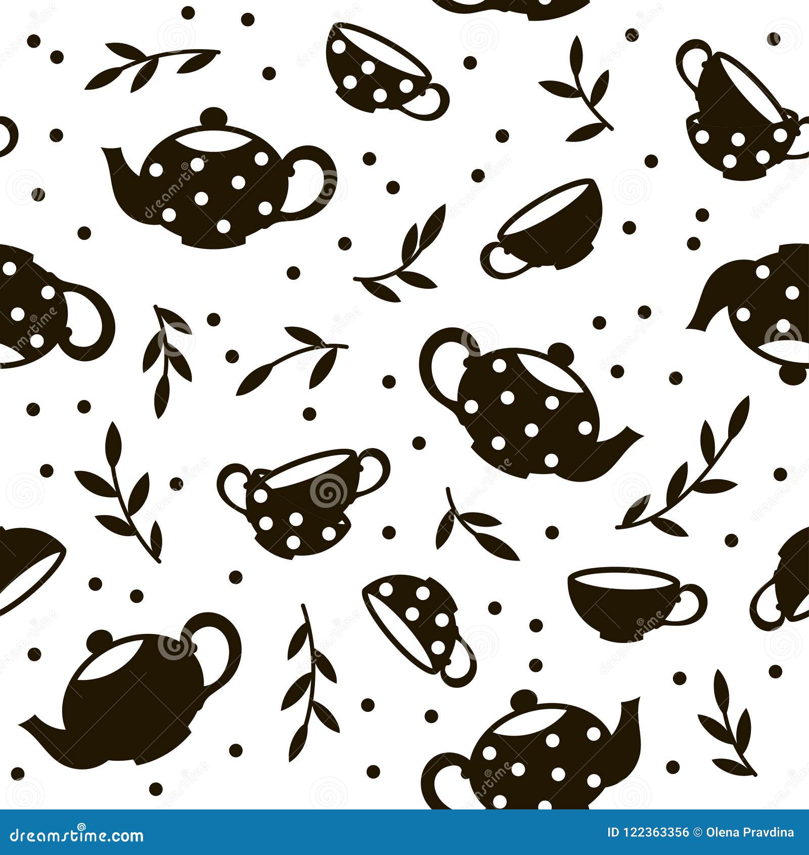 Seamless Pattern with Teapots and Cups. Black and White Vector Template ...