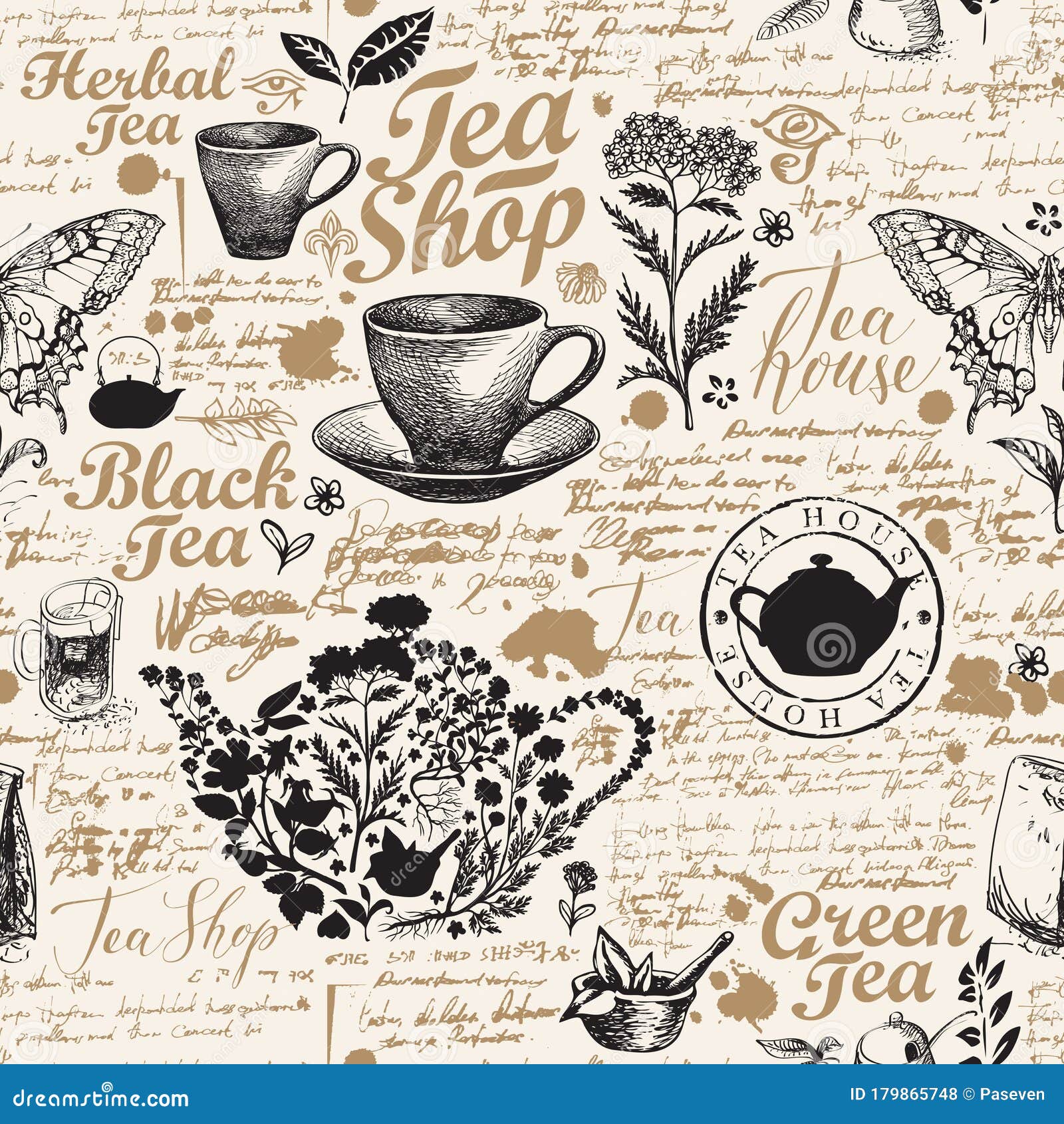Seamless Pattern on the Theme of Tea and Tea Shop Stock Vector -  Illustration of decorative, bowl: 179865748