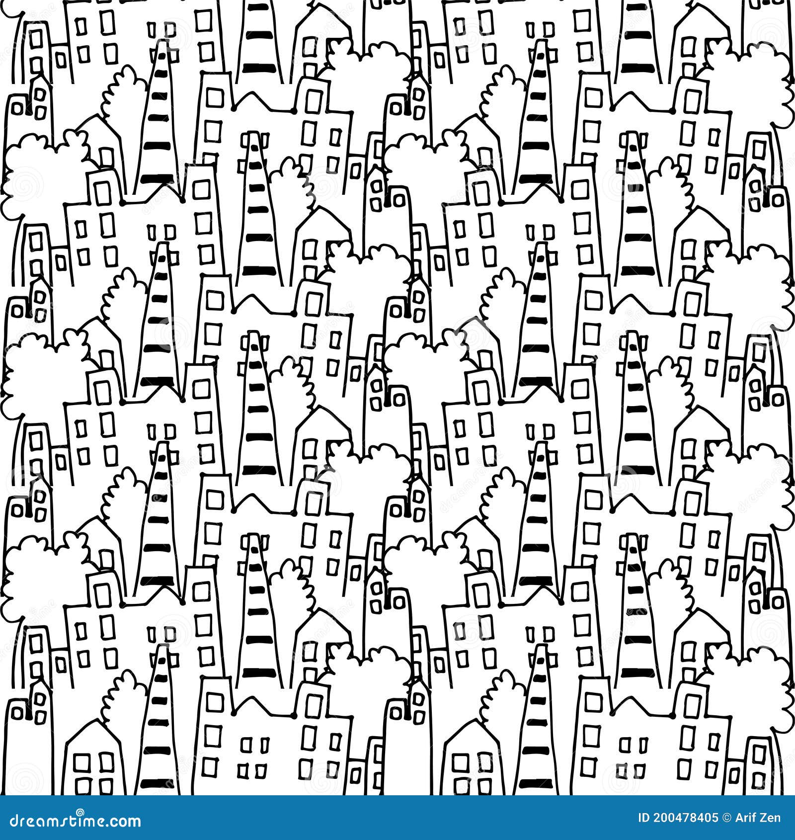 Seamless Pattern with Thin Black Outline City Sketch with Modern
