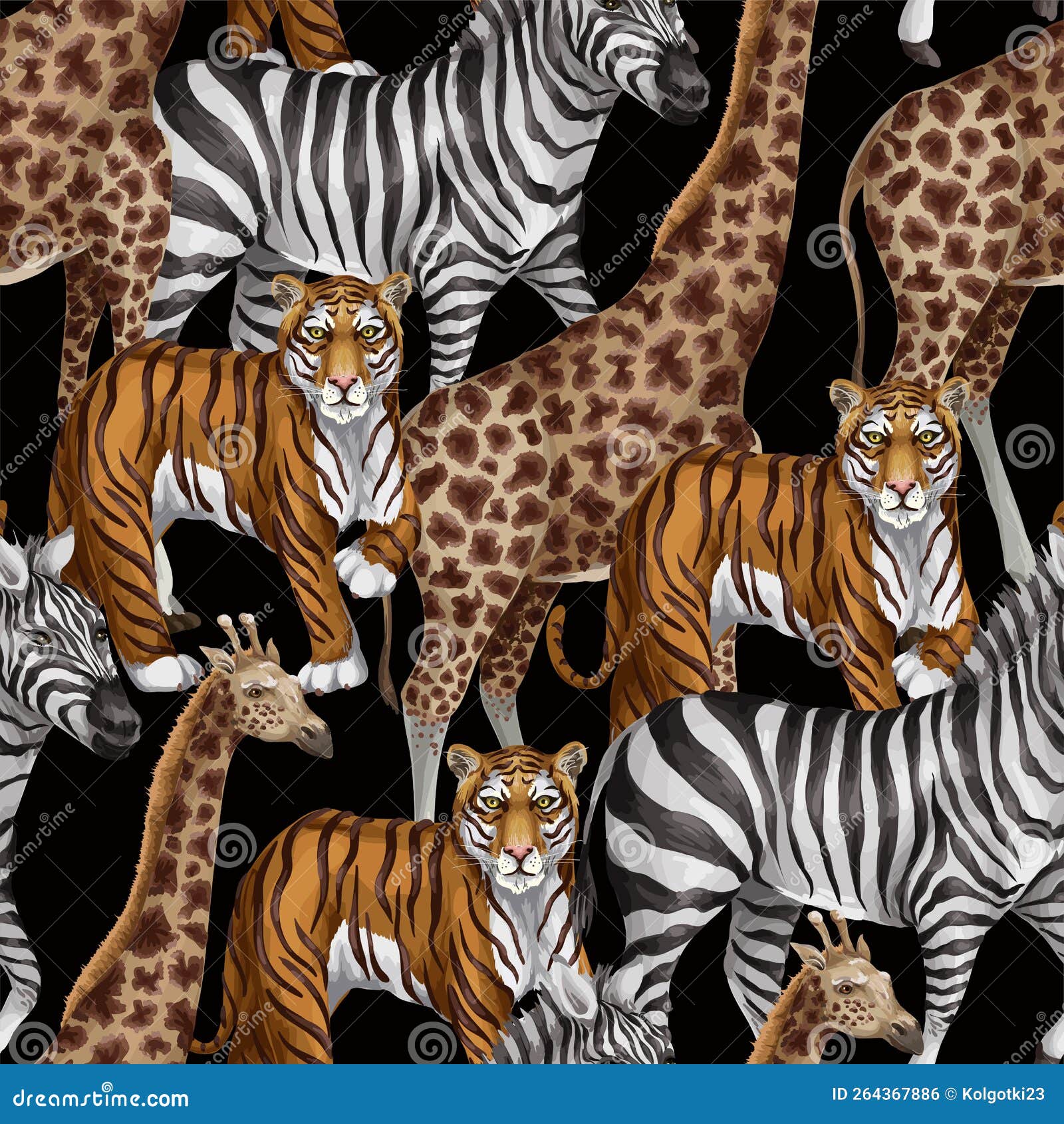 seamless pattern with tiger, zebra and giraffe. .