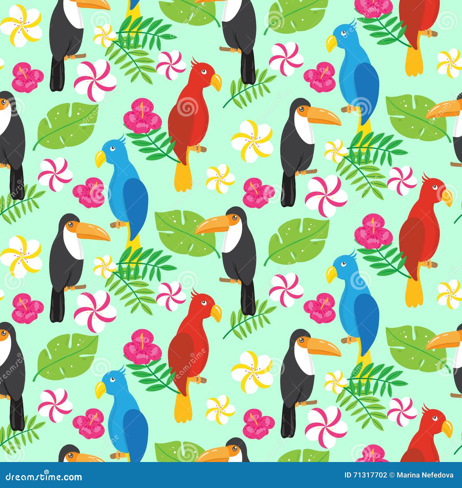 seamless pattern with tropical brazilian tucans and parrots