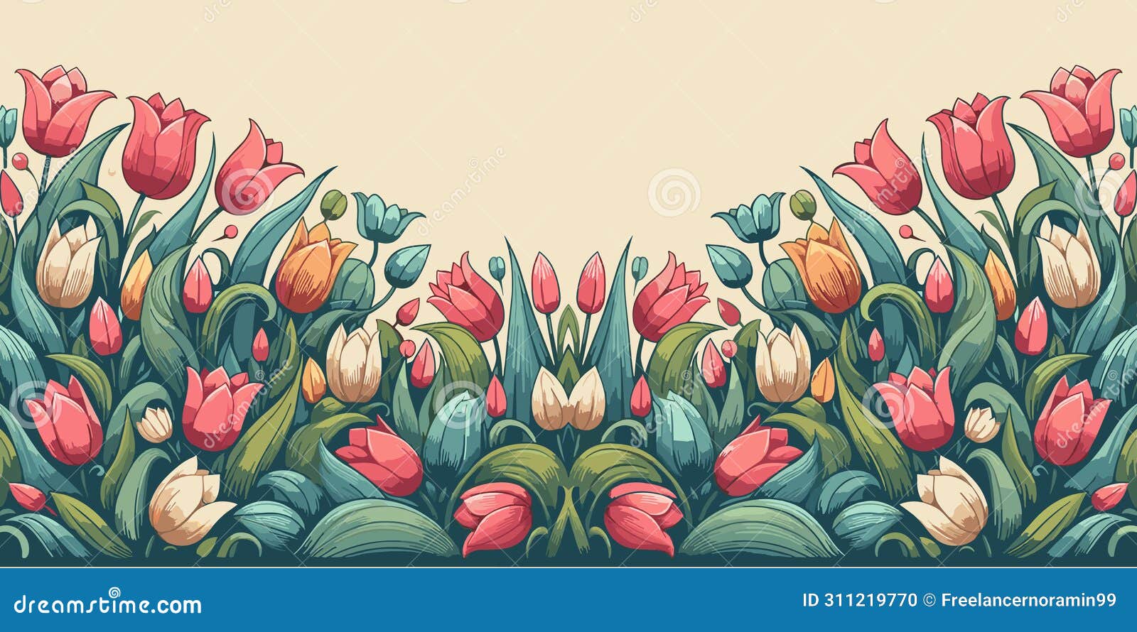 Seamless Pattern with Tulips, Tulip Floral Border Backdrop, Vector