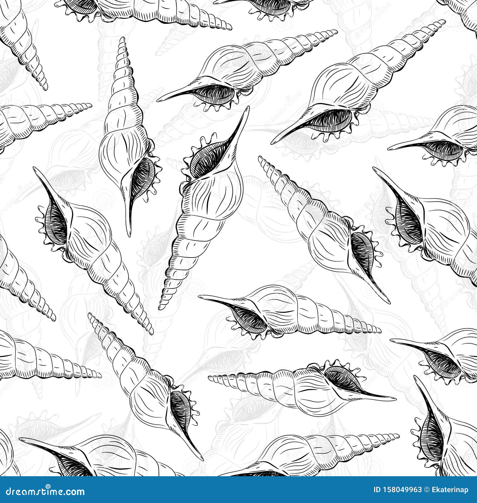 seamless pattern turrid vetigastropoda is a major taxonomic group of sea snails unique shells, molluscs. sketch black contour on