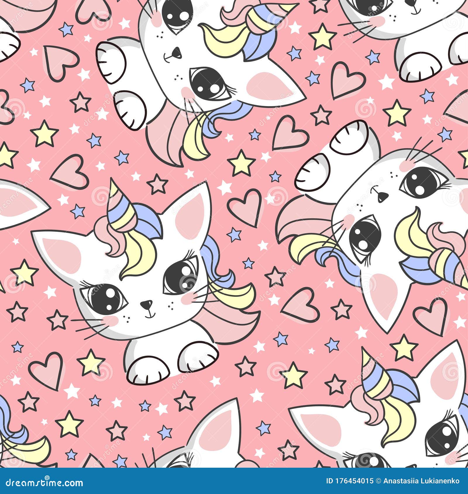 Seamless Pattern with Unicorn Cats on a Pink Background. Vector ...