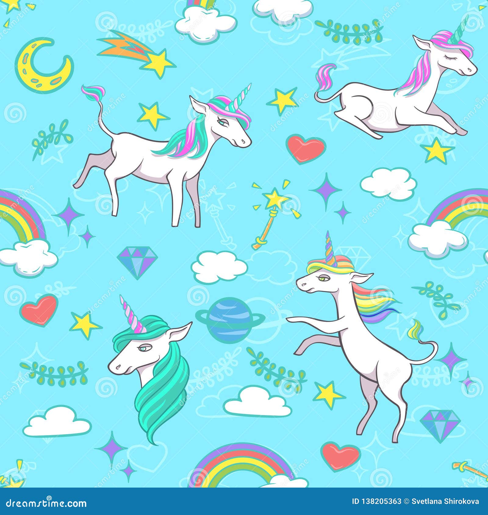 Seamless Pattern with Unicorns and Magic Elements Stock Vector ...
