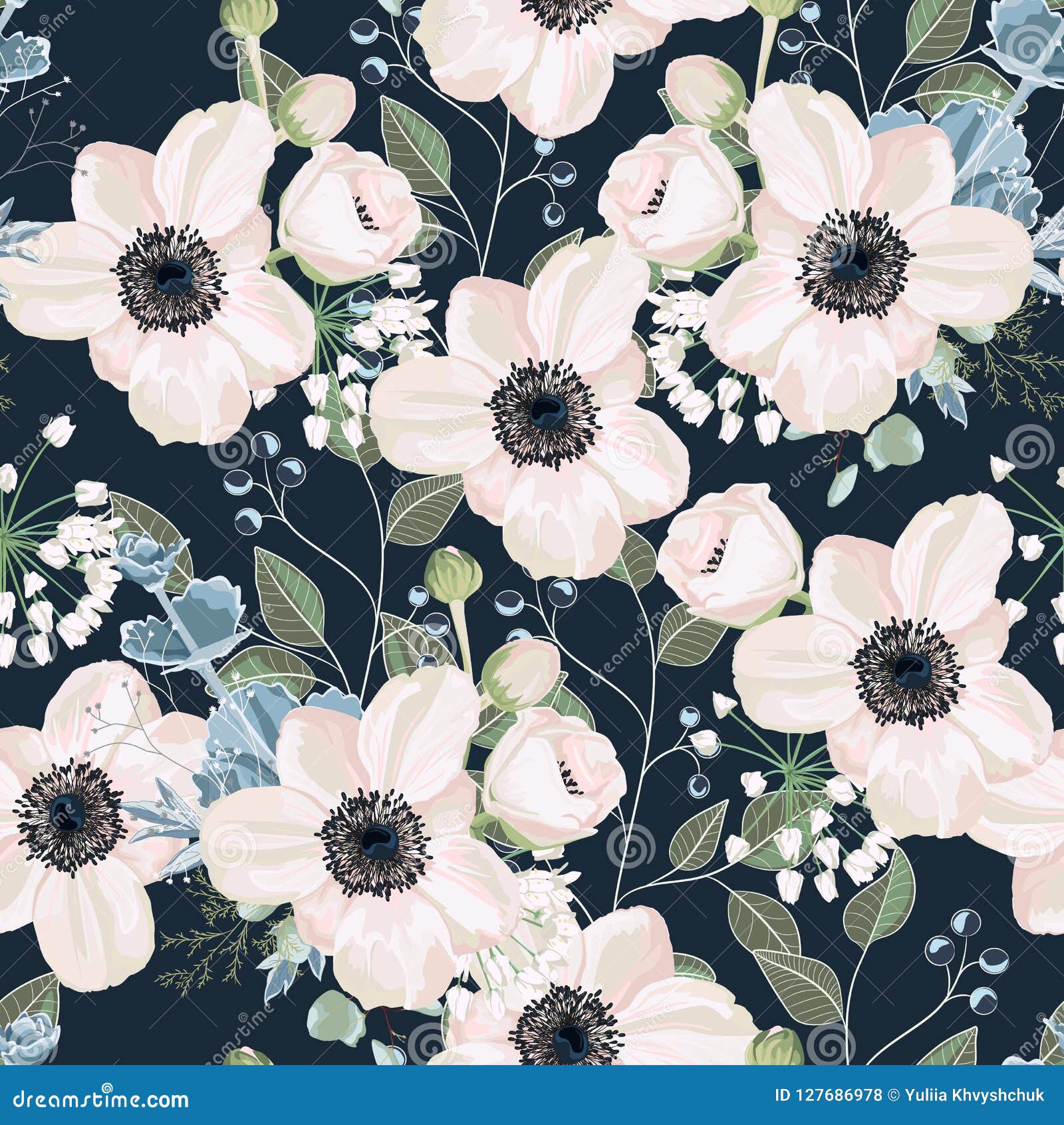 seamless pattern  floral watercolor style : garden powder anemone flower