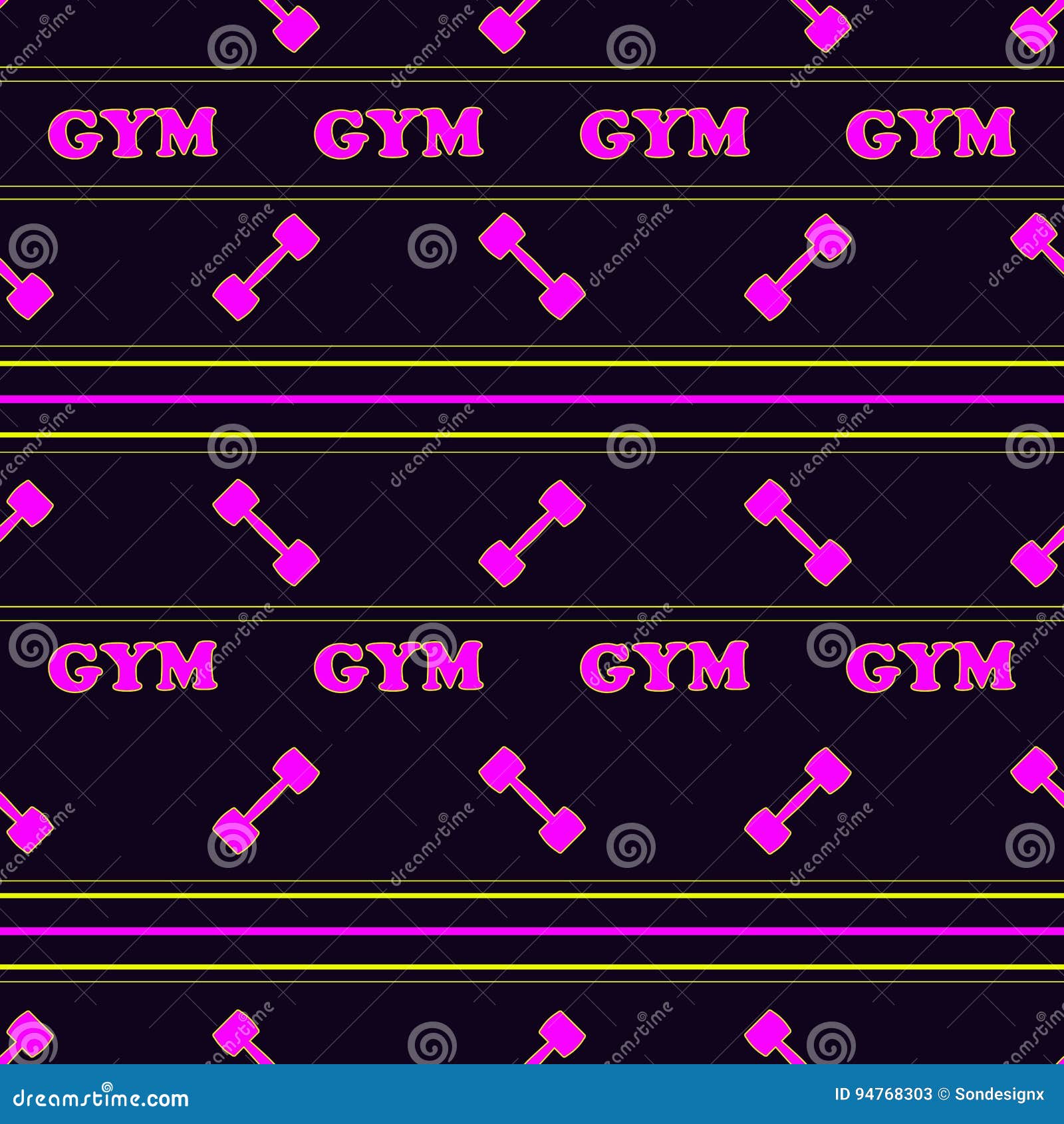 seamless pattern  striped  of gym sports fitness theme background with purple dumbbells and colorful lines