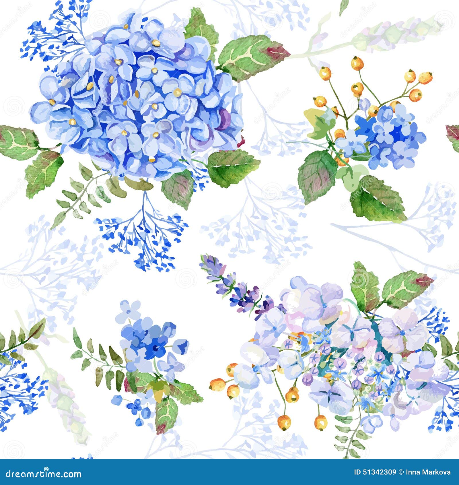 Pattern. Vector Watercolor Blue Hydrangea, Lavender. Stock Vector 