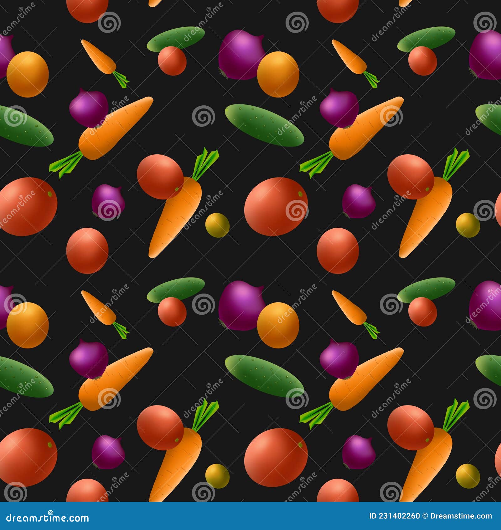 Seamless Pattern of Vegetables and Fruit on a Dark Background. Seamless