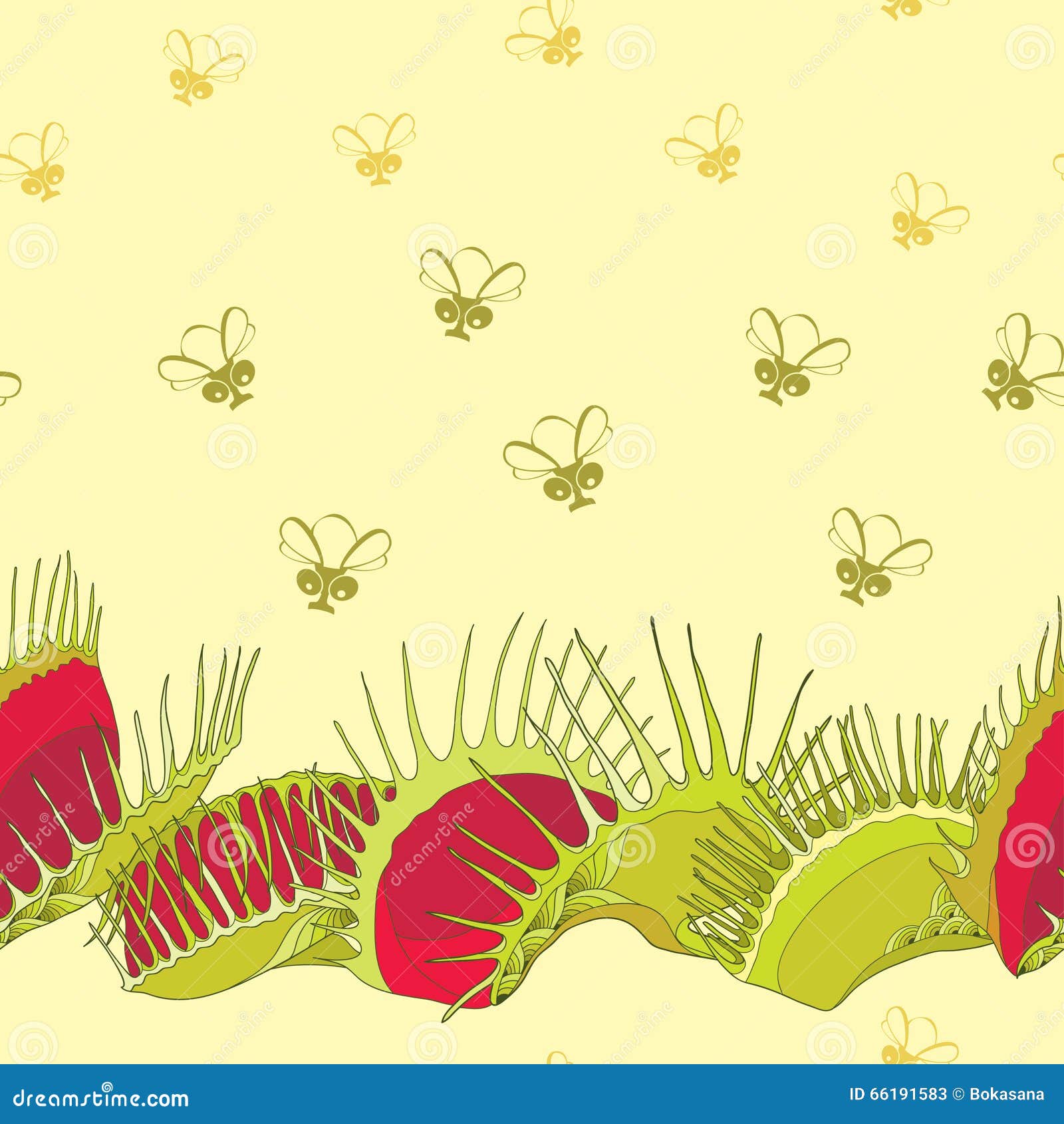 Seamless Pattern with Venus Flytrap or Dionaea Muscipula and Cartoon Flies  on the Yellow Background. Stock Vector - Illustration of outline, dionaea:  66191583