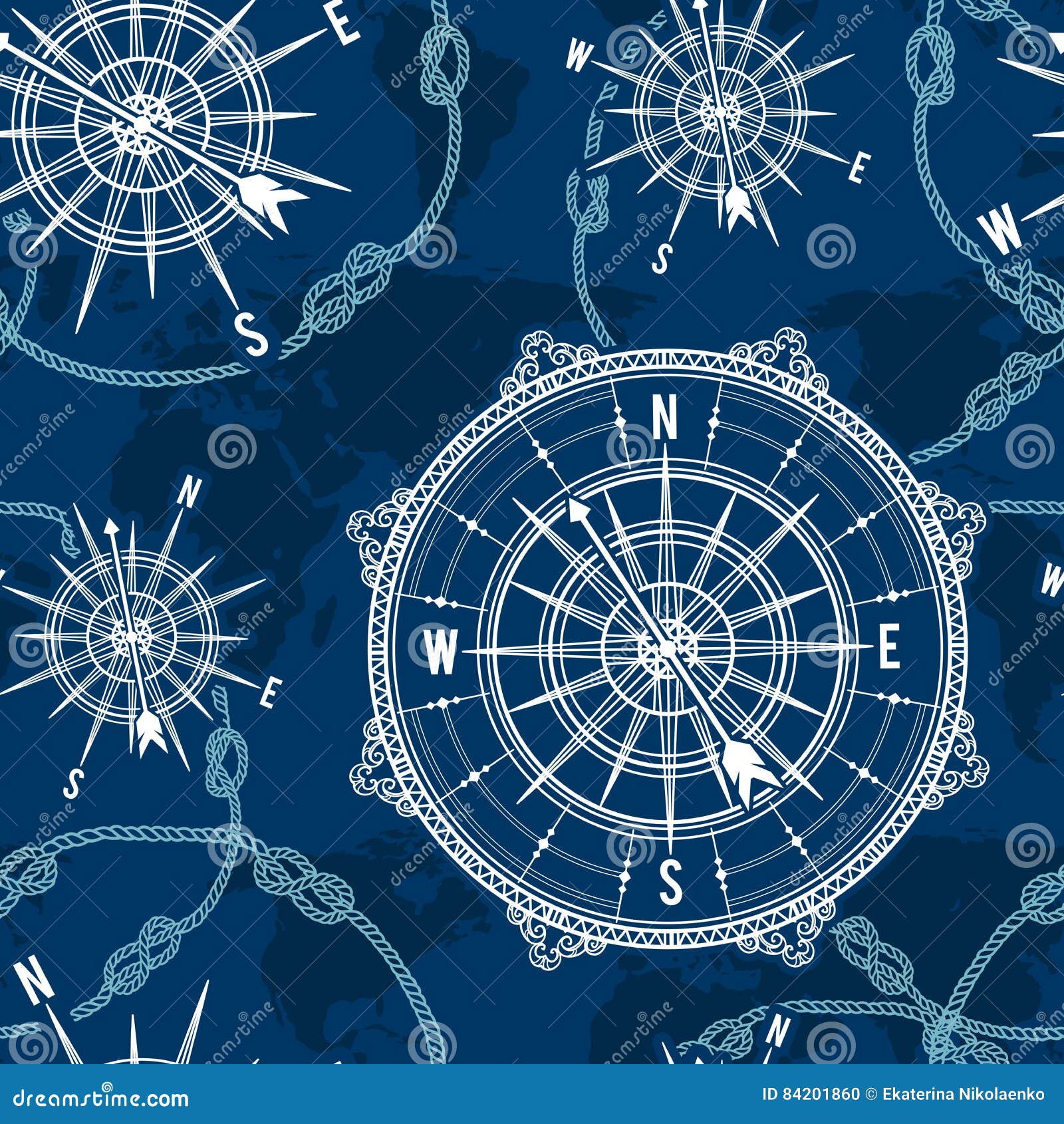 seamless pattern with vintage compass, world map, wind rose and rope knot. nautical background.
