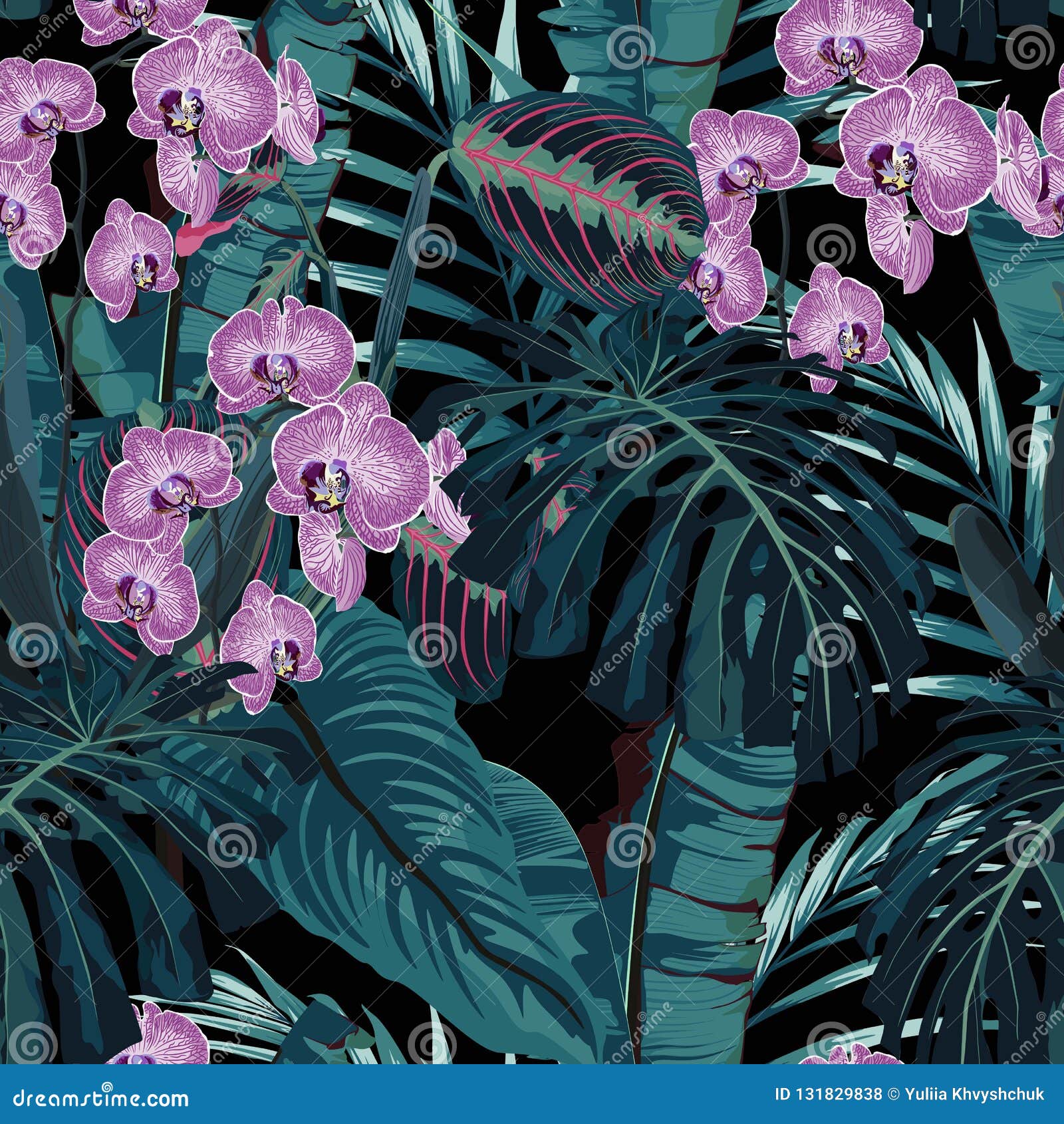 seamless pattern, violet orchid flower and green blue exotic palm monster leaves on dark background.