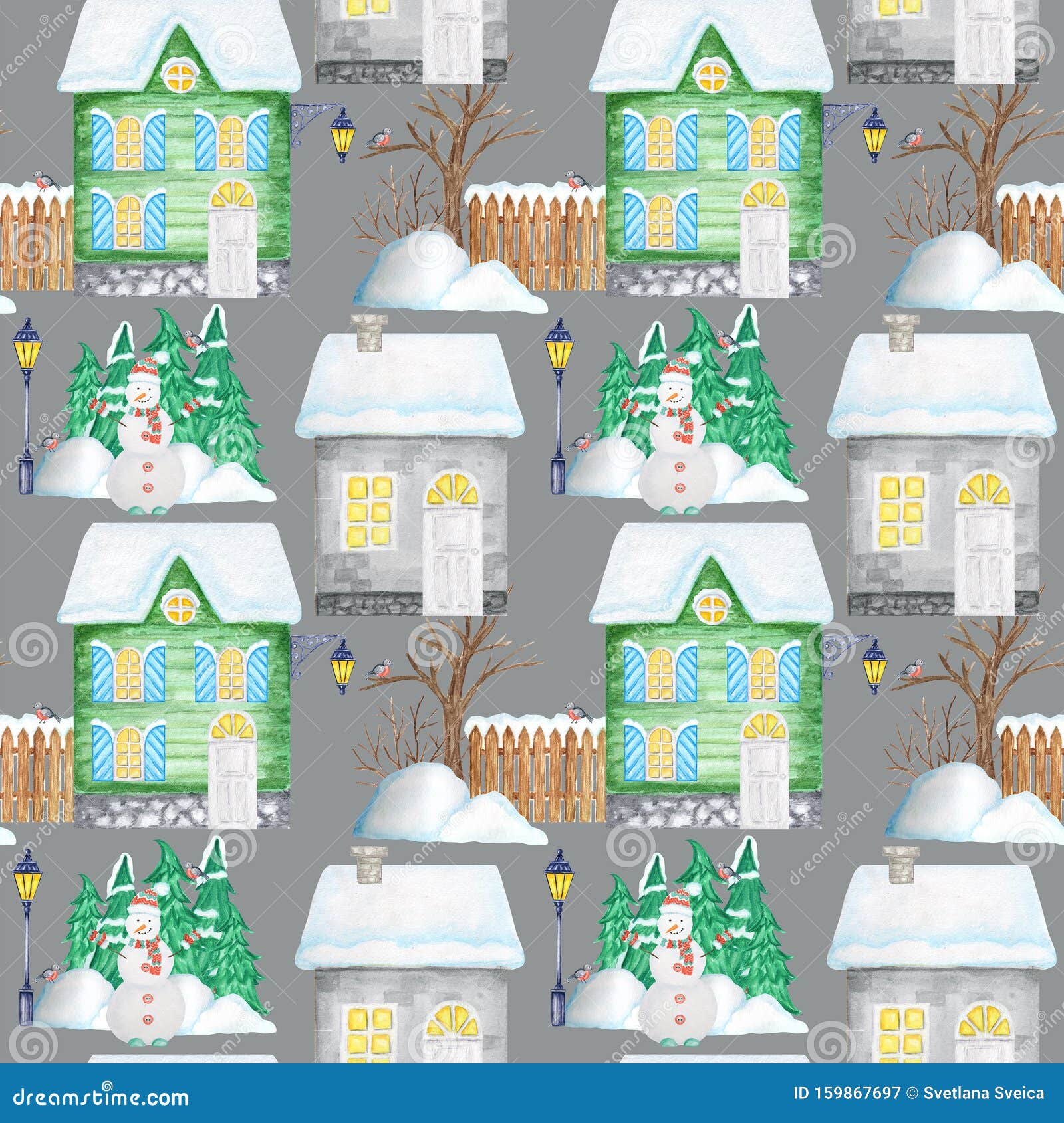 Seamless Pattern Watercolor Christmas Winter Houses With Luminous Windows And Snow On The Roof ...