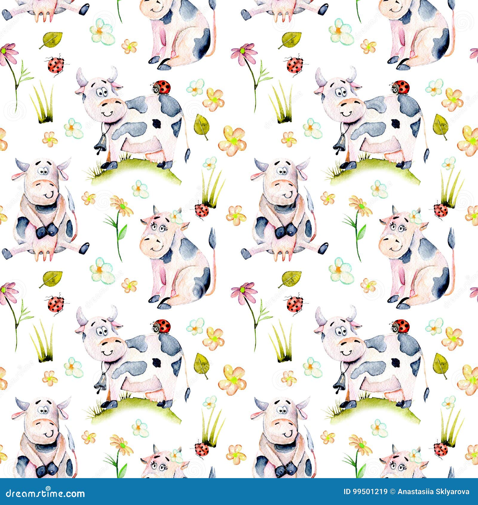 Seamless Pattern with Watercolor Cute Cartoon Cows, Ladybugs and Simple ...