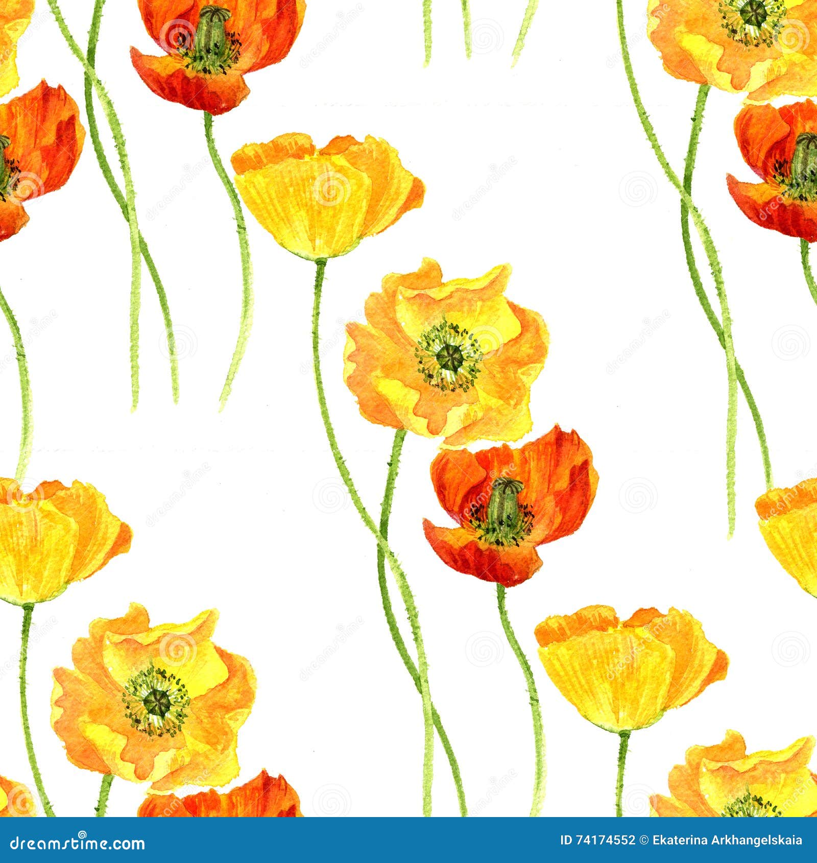 Seamless Pattern with Watercolor Drawing Flowers of Yellow Poppies ...