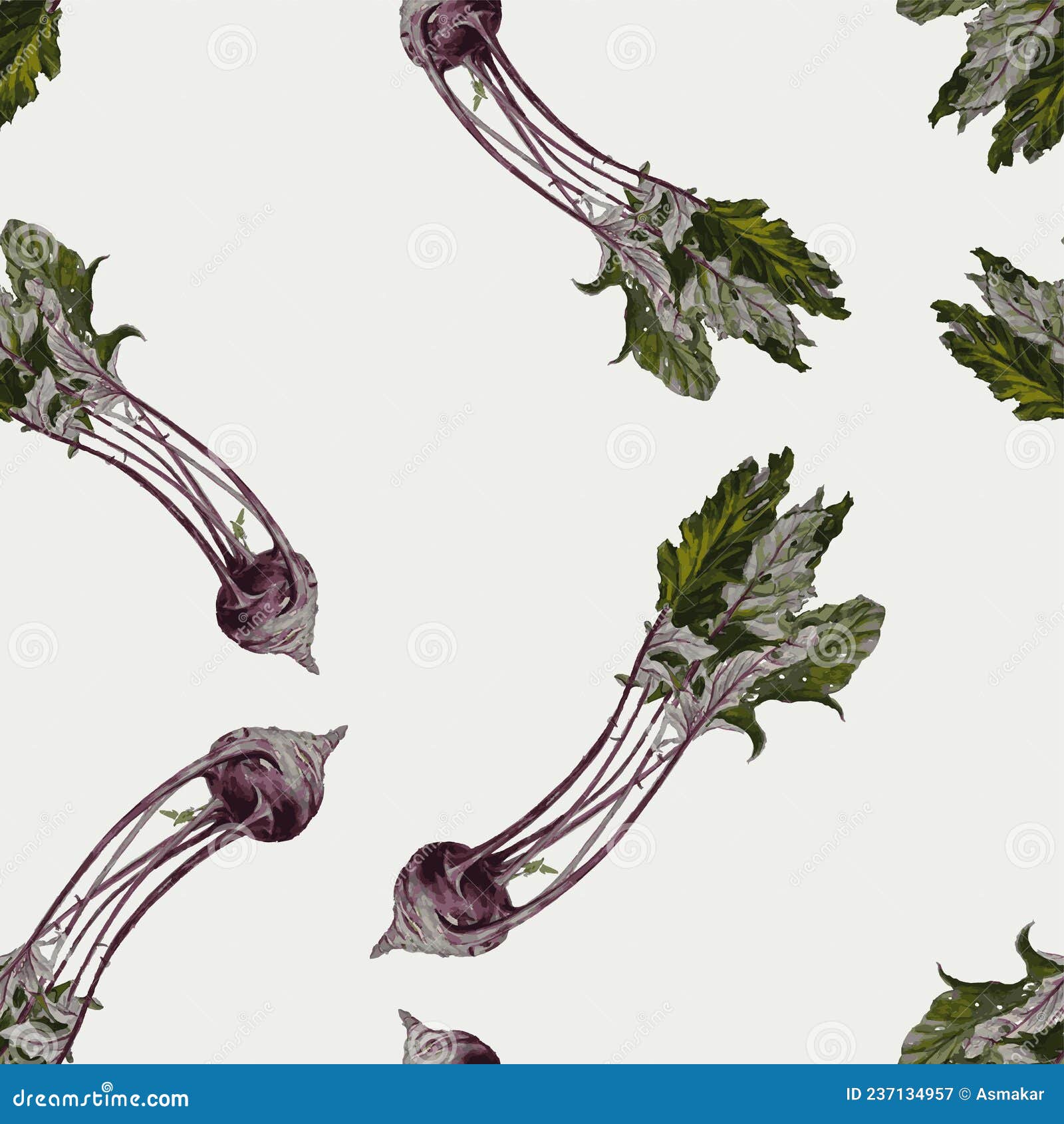 Seamless Pattern from Watercolor Drawings of Ripe Beetroot with Leaves