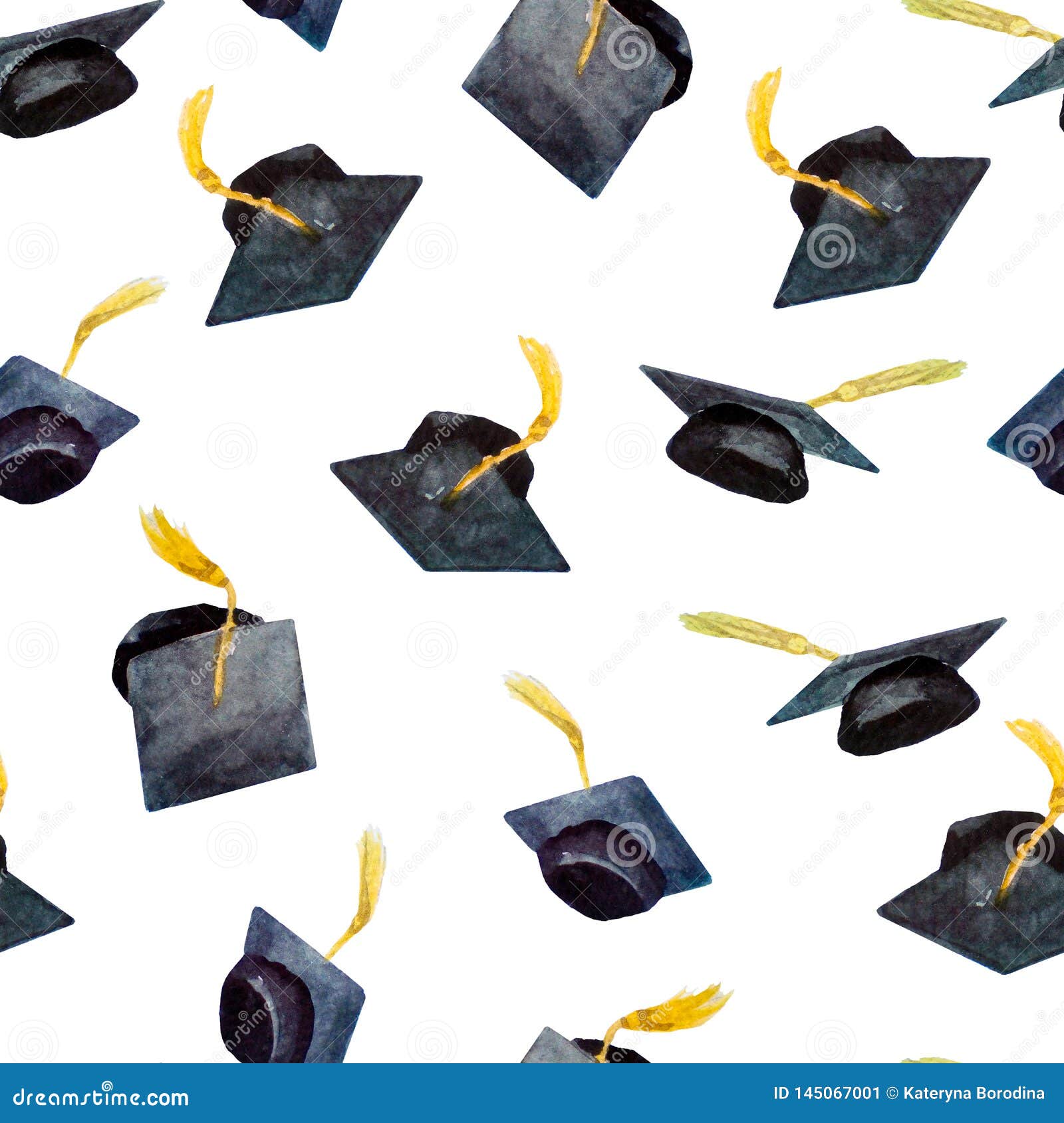 Seamless Pattern of Watercolor Elements for Graduation, Handdrawn