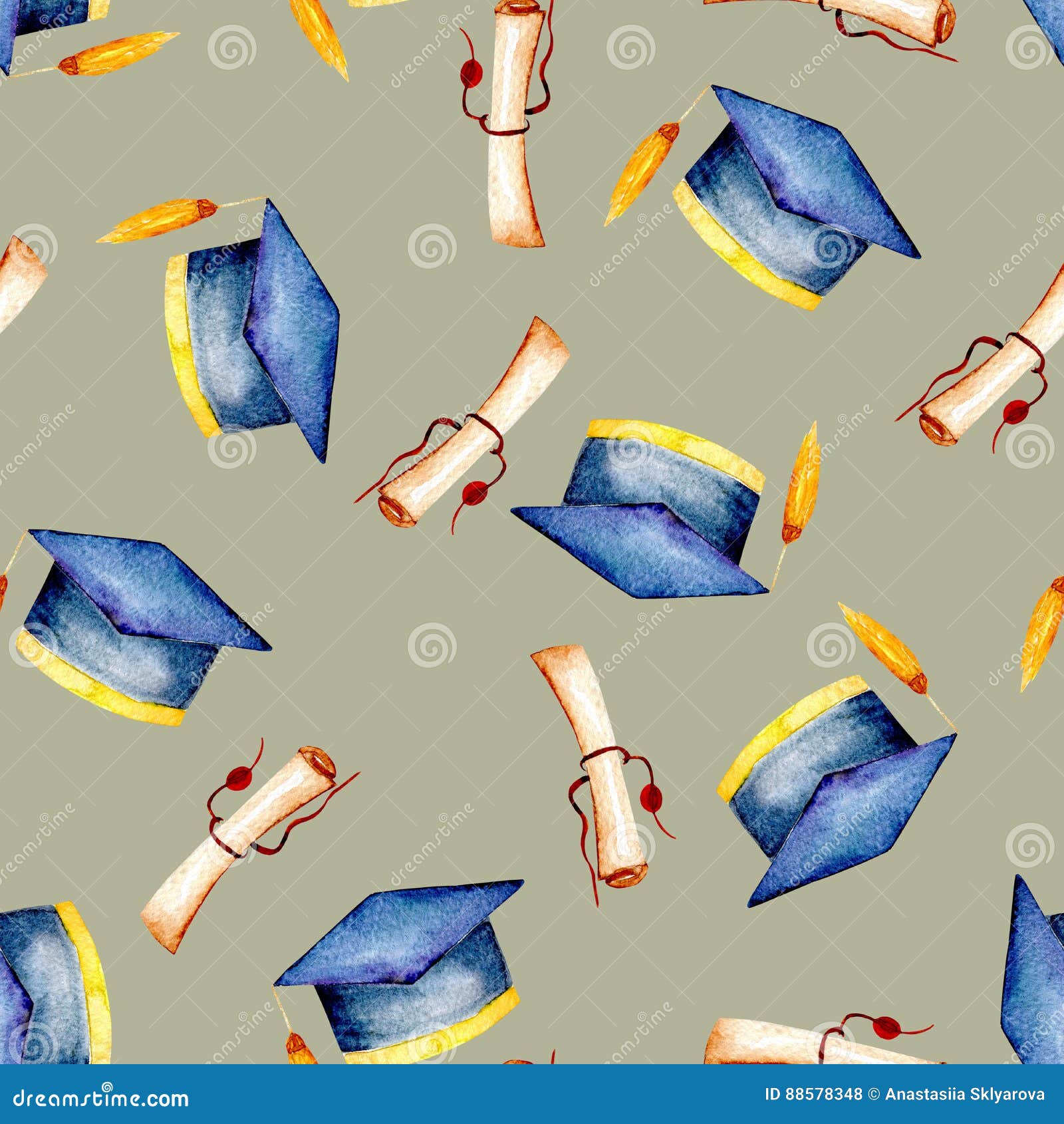 Seamless Pattern with Watercolor Graduate Hat and Scroll of Parchment