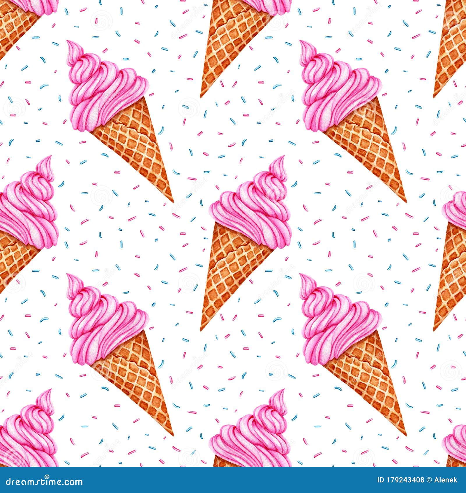 Seamless Pattern with Watercolor Ice Cream. Bright Sweets for Birthday ...