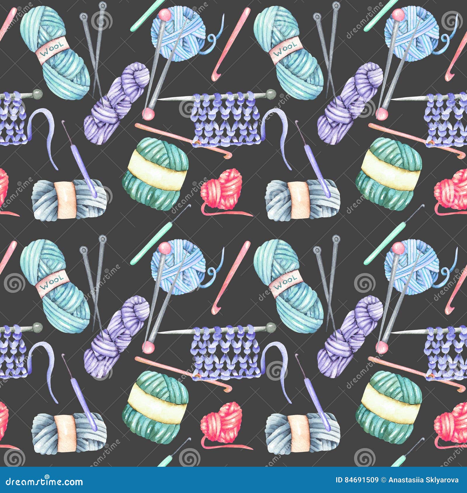 Seamless Pattern With Watercolor Knitting Elements Yarn