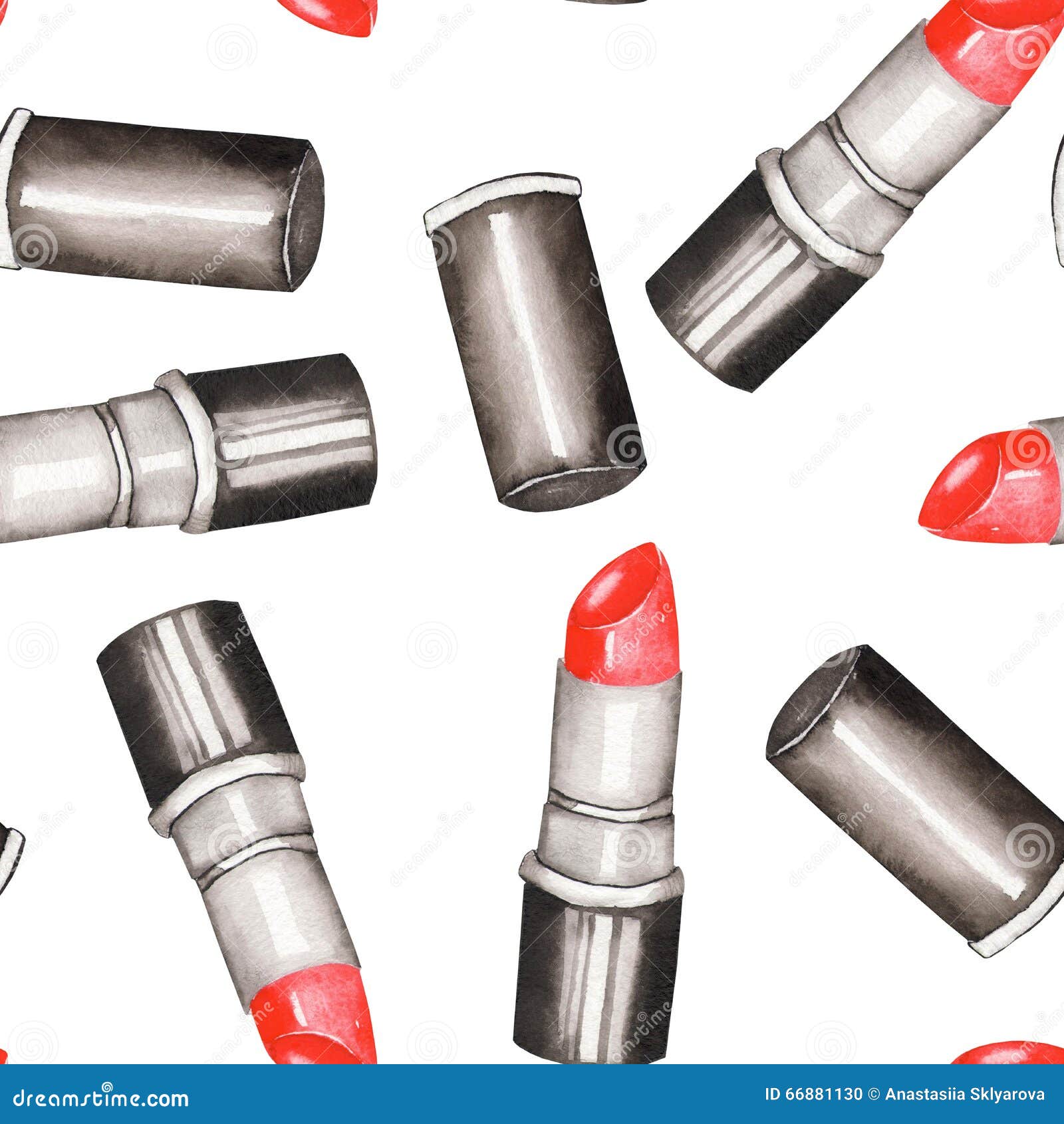 A Seamless Pattern with the Watercolor Red Lipstick. Stock Photo