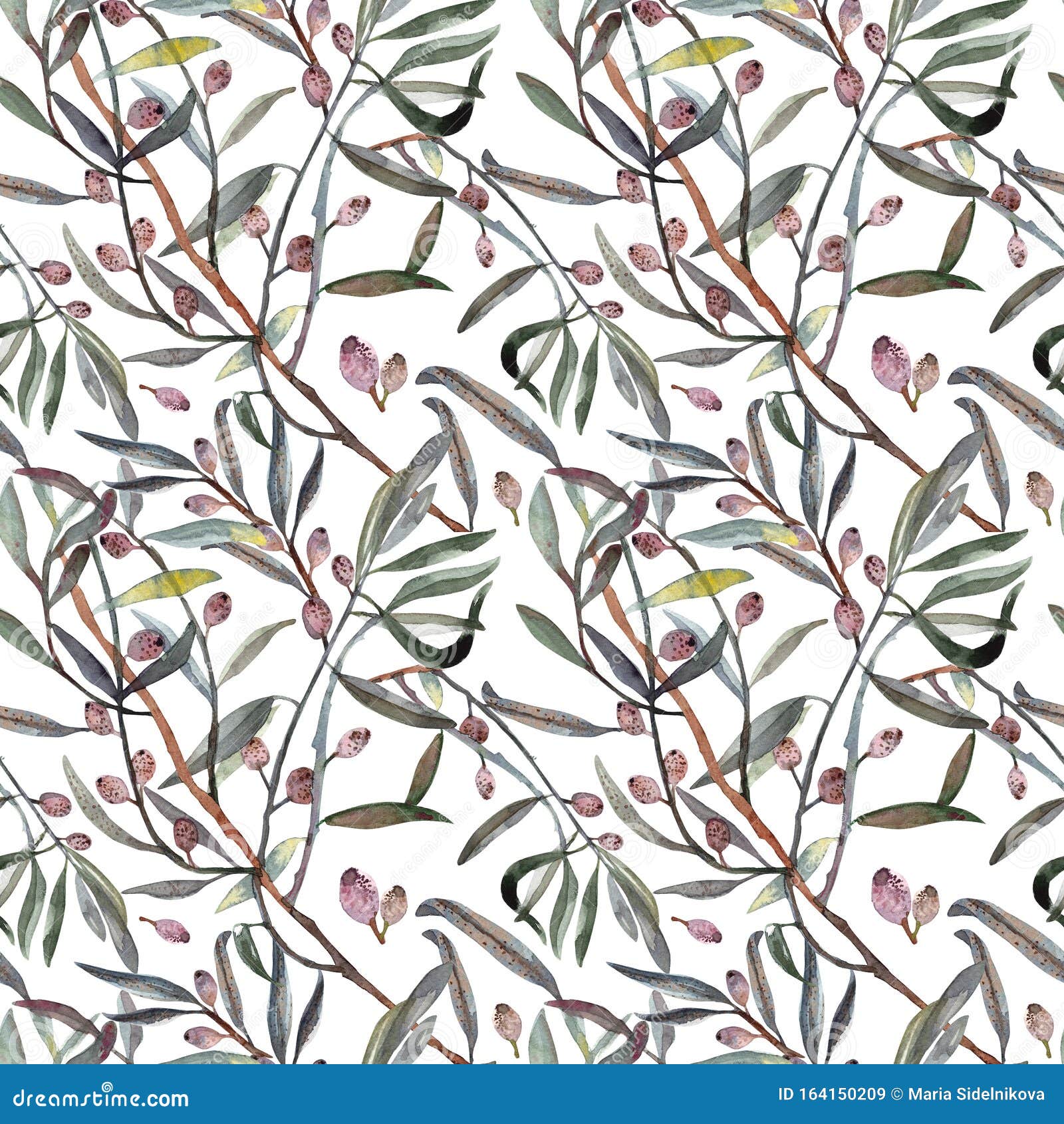 seamless pattern watercolor. twig ,leaves , berries and drupes