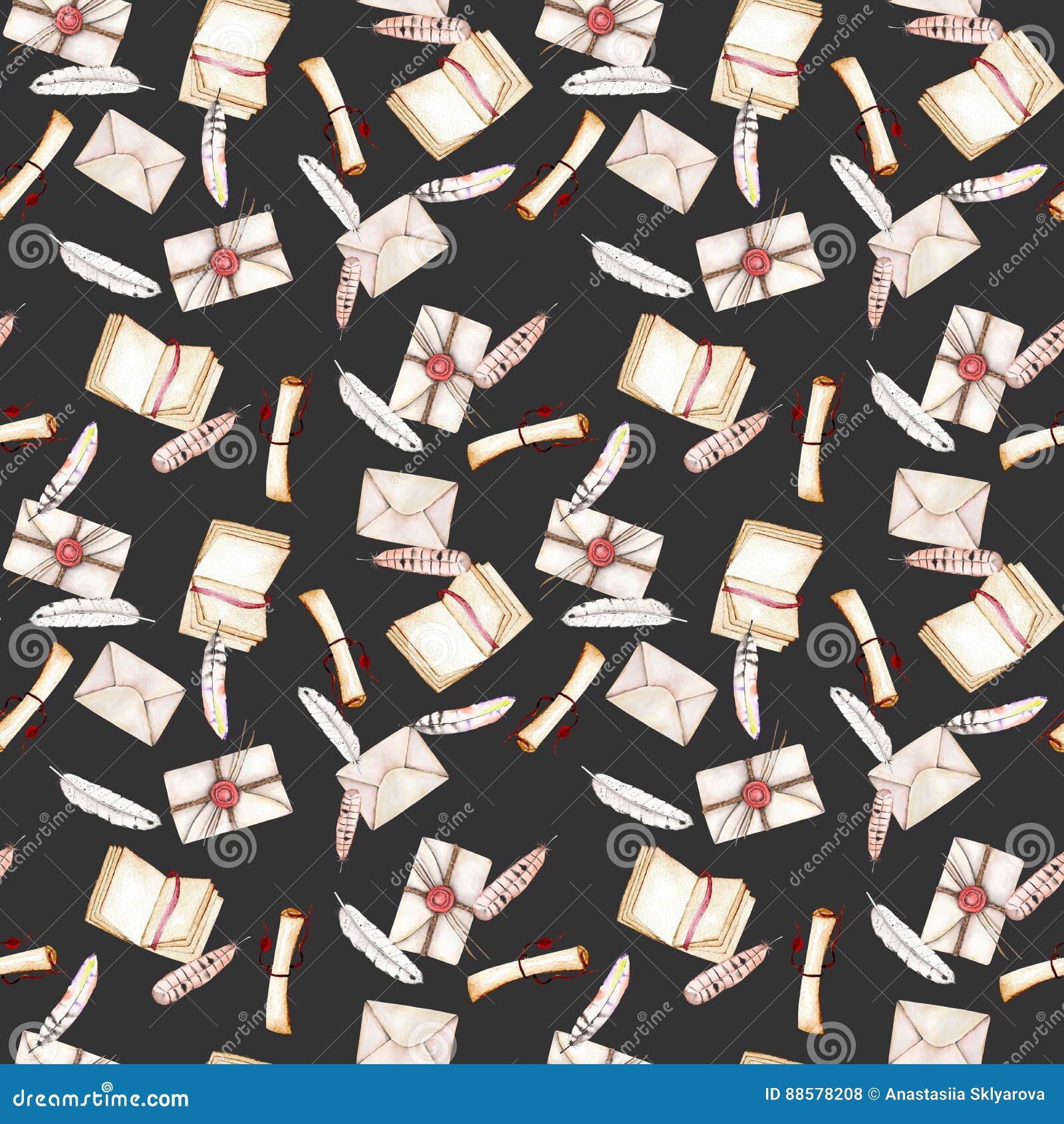 Seamless Pattern with Watercolor Vintage Mail Envelopes, Feathers, Open