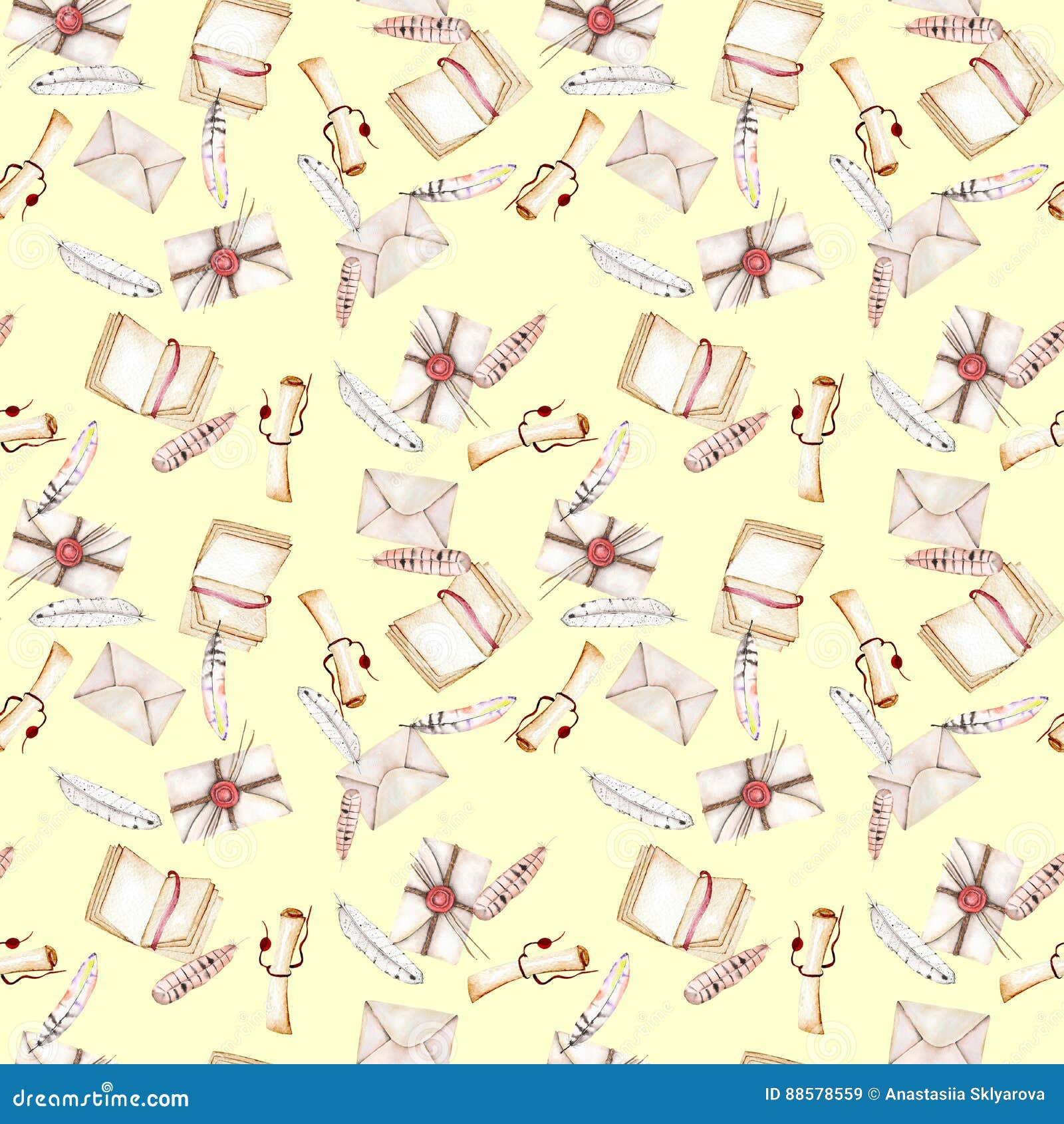 seamless pattern with watercolor vintage mail envelopes feathers