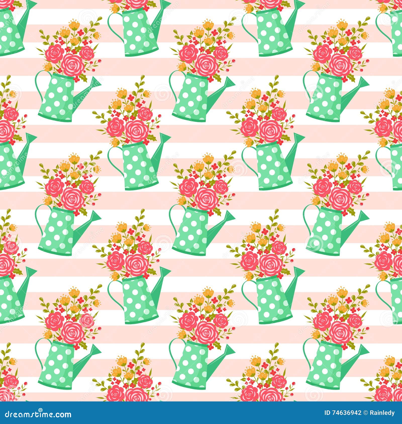 Seamless Pattern with Watering Can and Flowers. Stock Vector