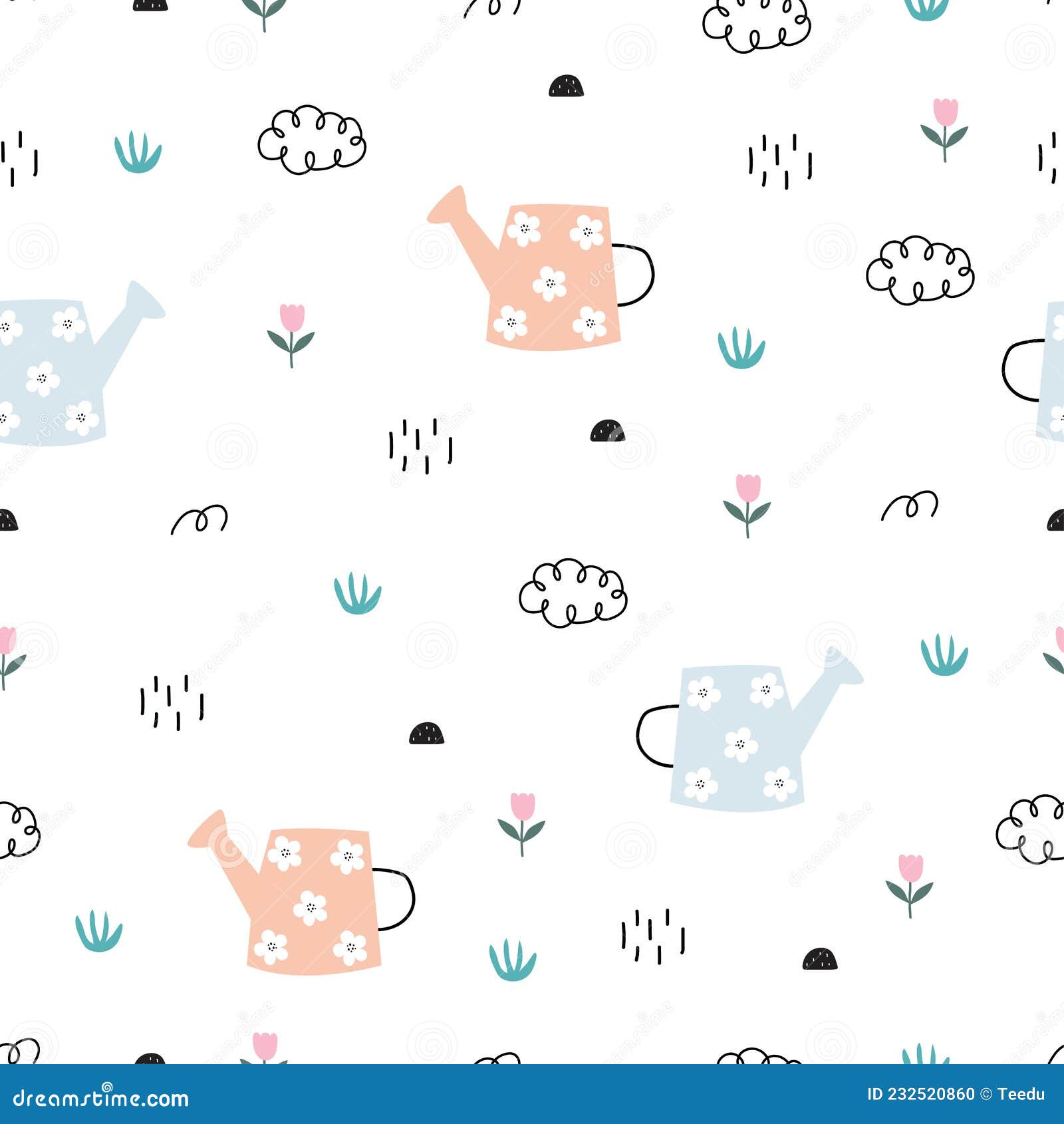 Seamless Pattern Watering Can with Flowers Decorative Elements on