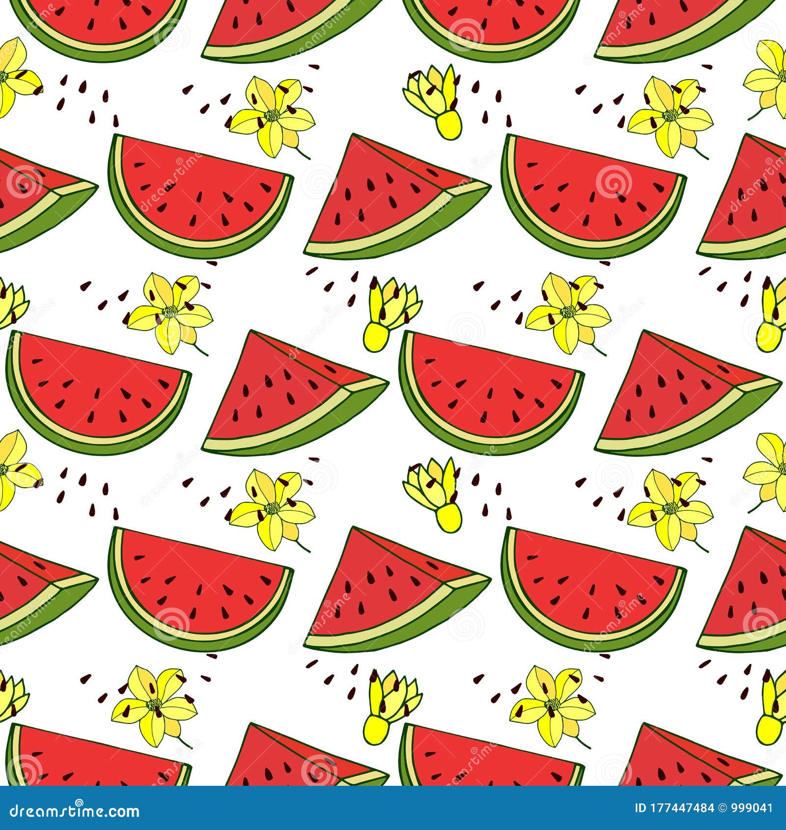 Seamless Pattern of Watermelon Fruit, Pieces of Watermelon, Flowers