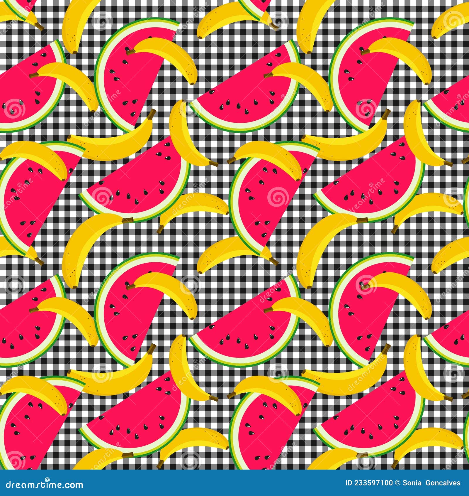Seamless Pattern With Watermelon Slice And Banana Stock Vector