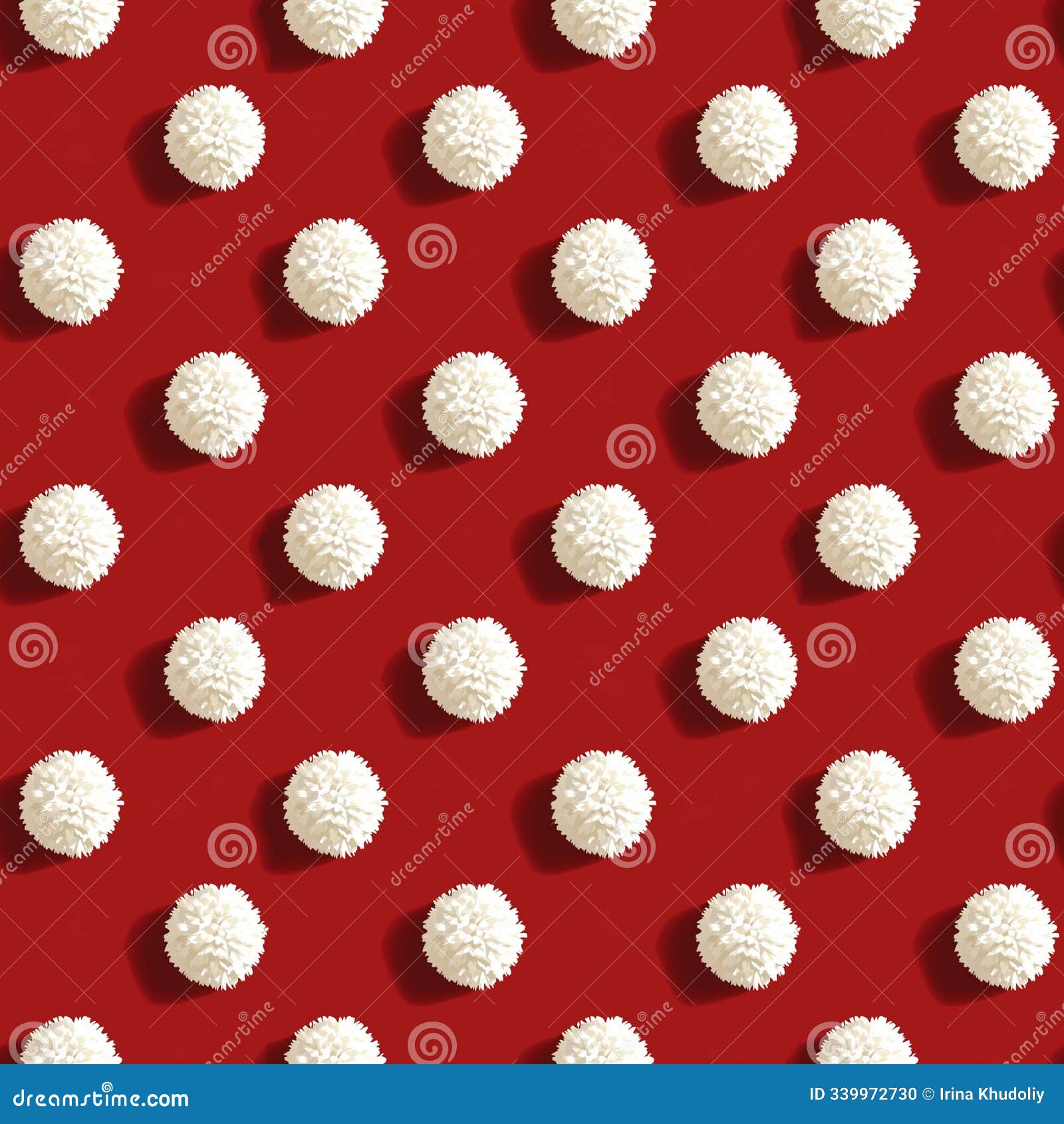 seamless pattern with white fluffy pompoms on a red background. an idea for new year's packaging