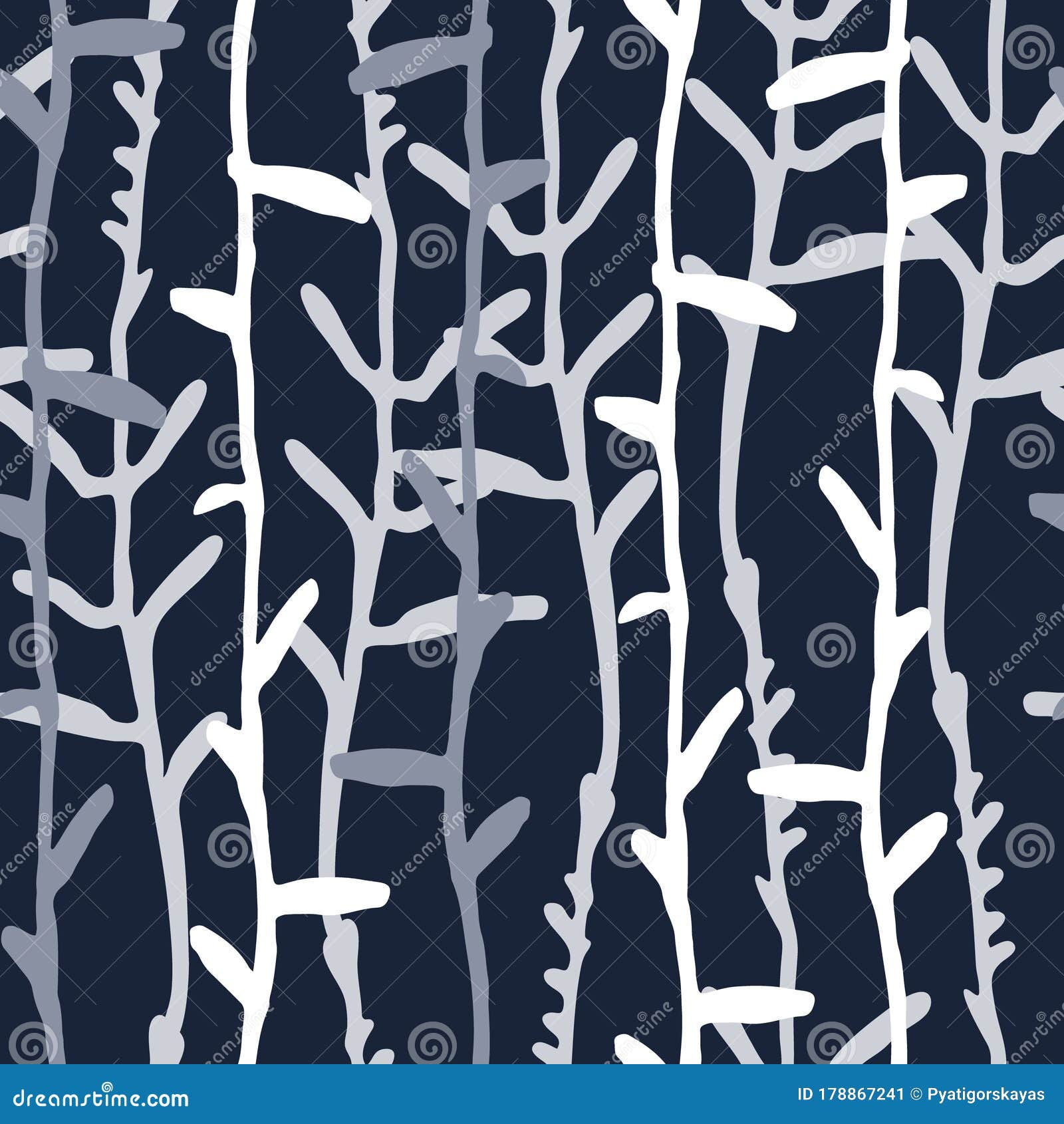 seamless pattern with white pinstripes of hand drawn herbs on dark blue background