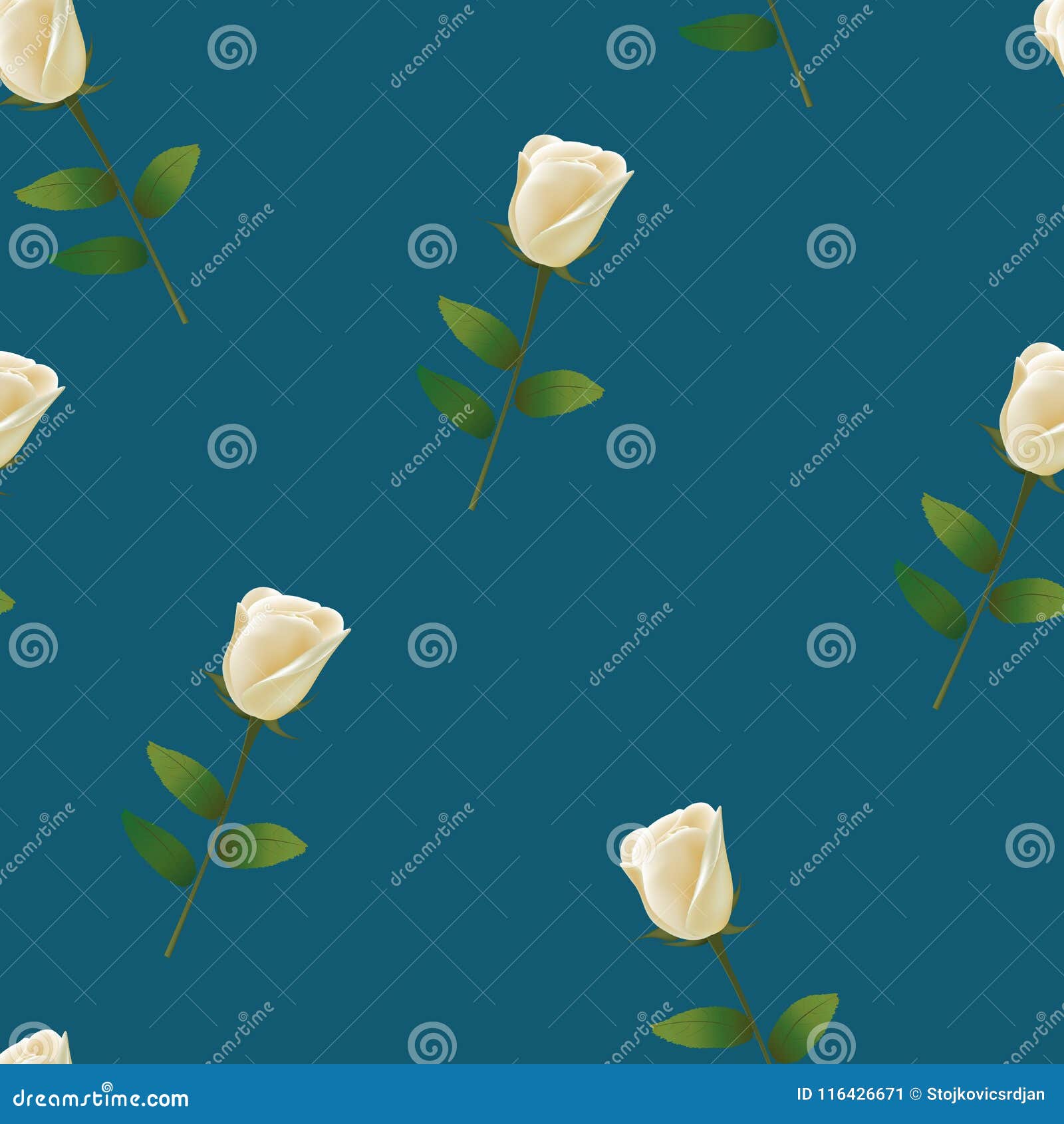 Seamless Pattern with White Rose on Blue Background Stock Vector