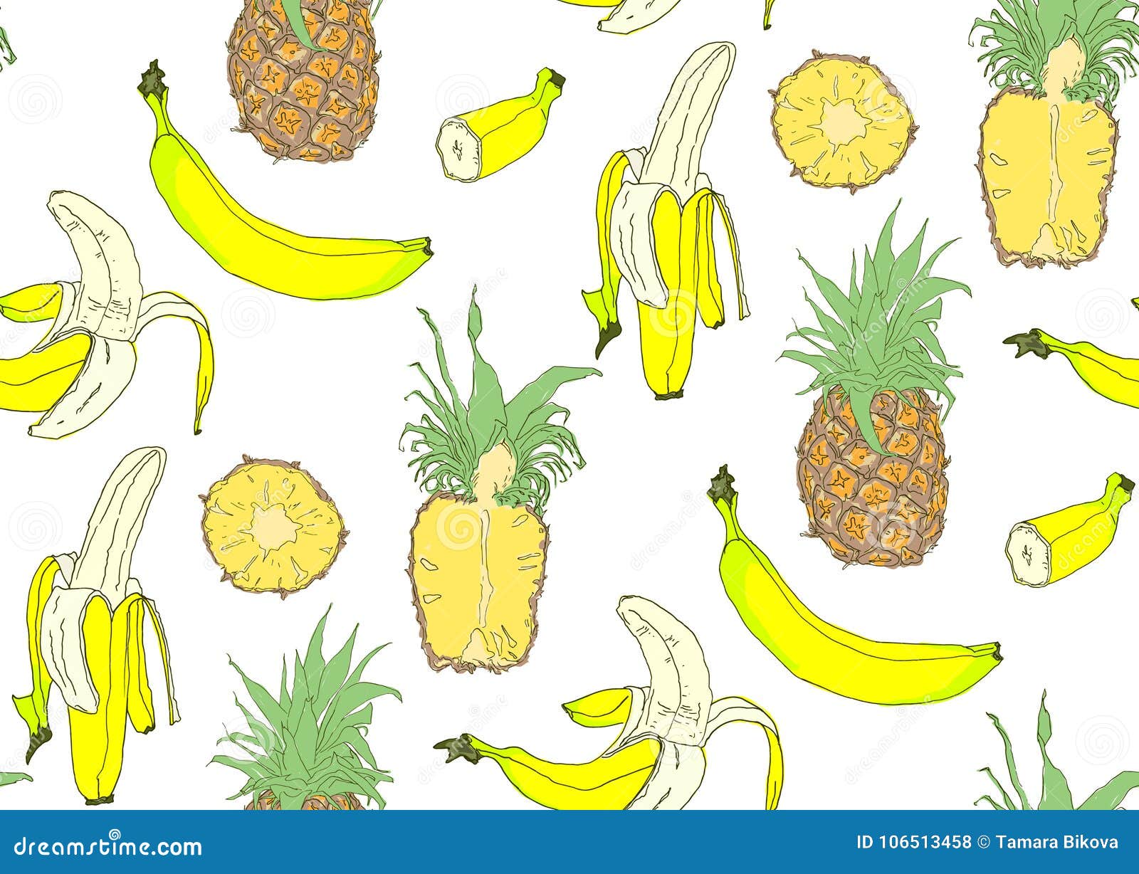 Beautiful hand drawn pattern with bananas, pineapples. 