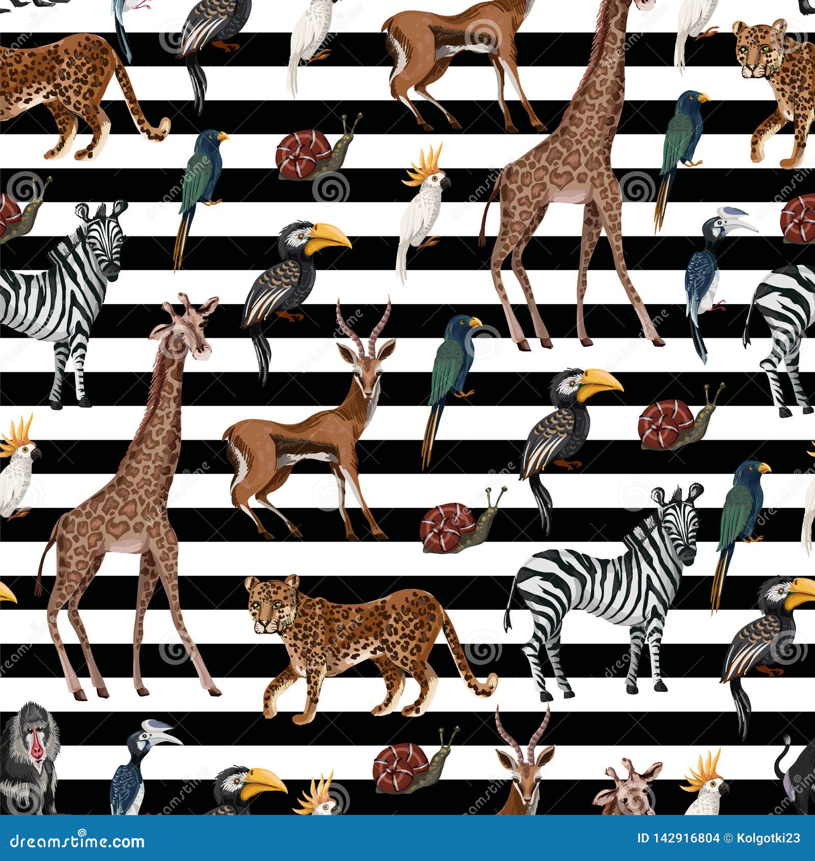 Seamless Pattern with Wild Animals Such As Zebra, Parrot, Toucan, Monkey,  Giraffe and Antilope on Striped Background. Stock Vector - Illustration of  leopard, kakadu: 142916804