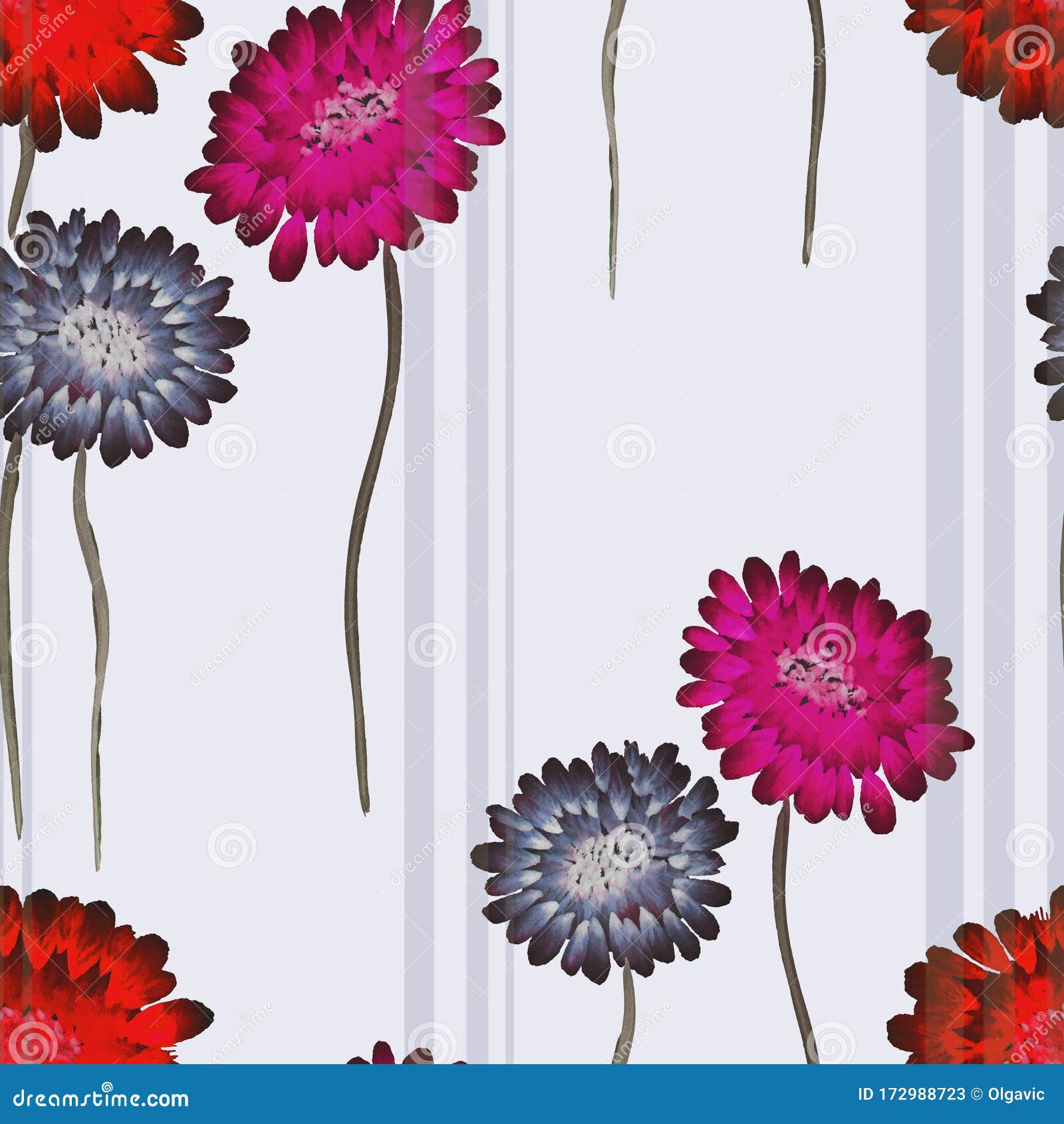 seamless pattern of wild red, pink, violet flowers on a light blue background with vertical stripes. watercolor