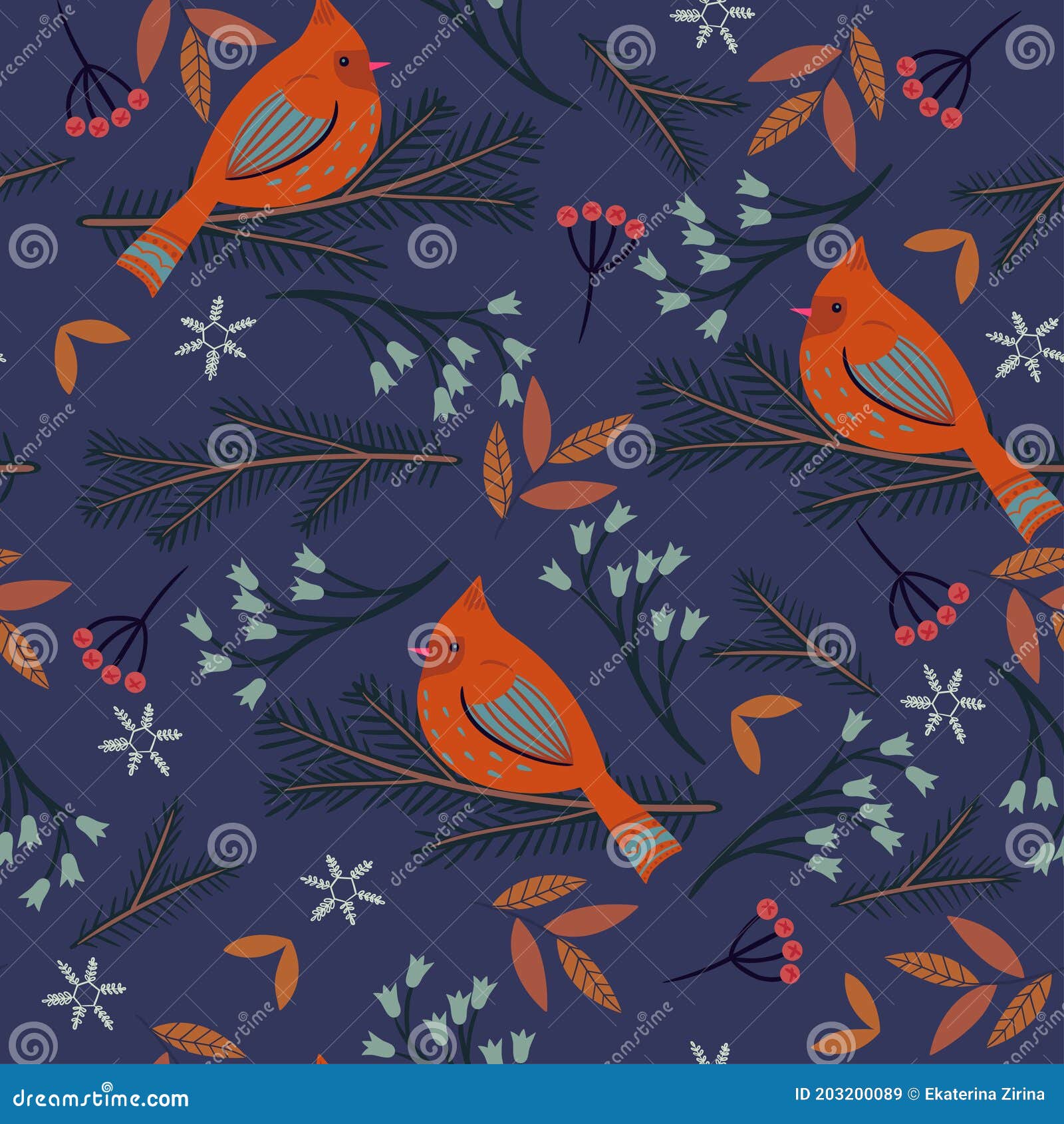 Seamless Pattern with Winter Birds and Flora. Vector Graphics Stock