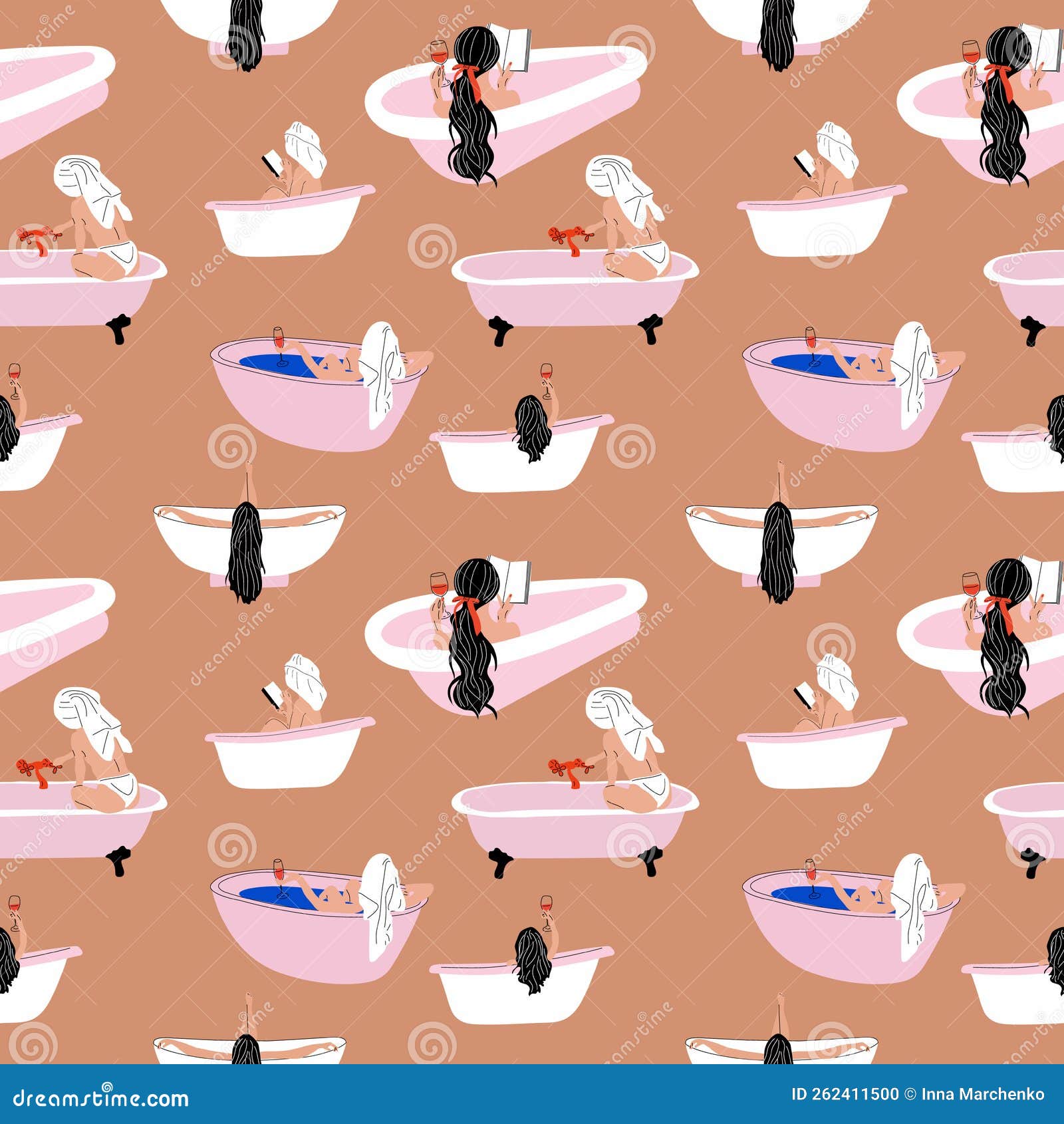 Seamless Pattern with Woman Taking a Relaxing Bubble Bath and Read Book