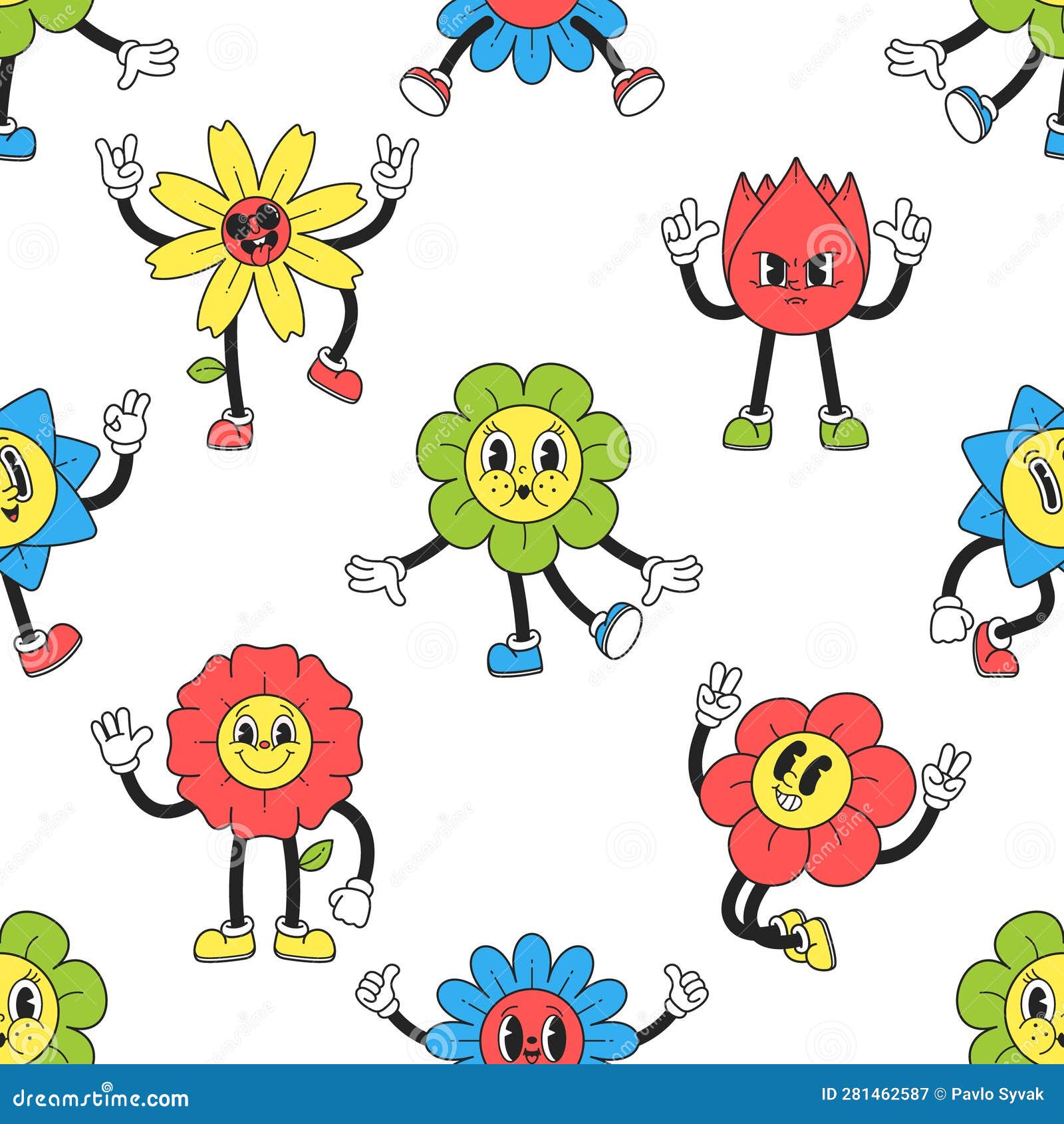 Seamless Pattern with Y2k Flower Characters, Vibrant and Playful