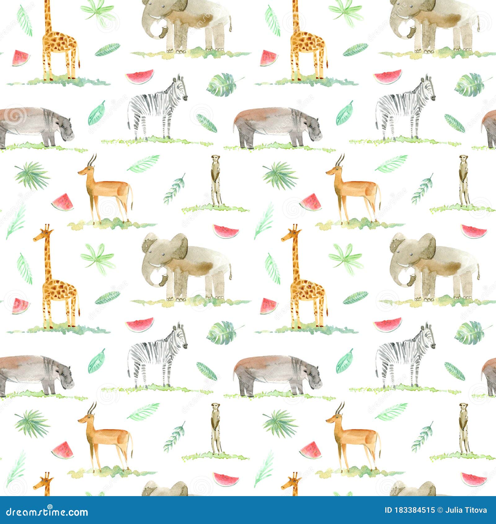 seamless pattern of a yellow giraffe, zebra, elephant,gazelle,ostrich,hippopotamus,meerkat,watermelon and foliage.