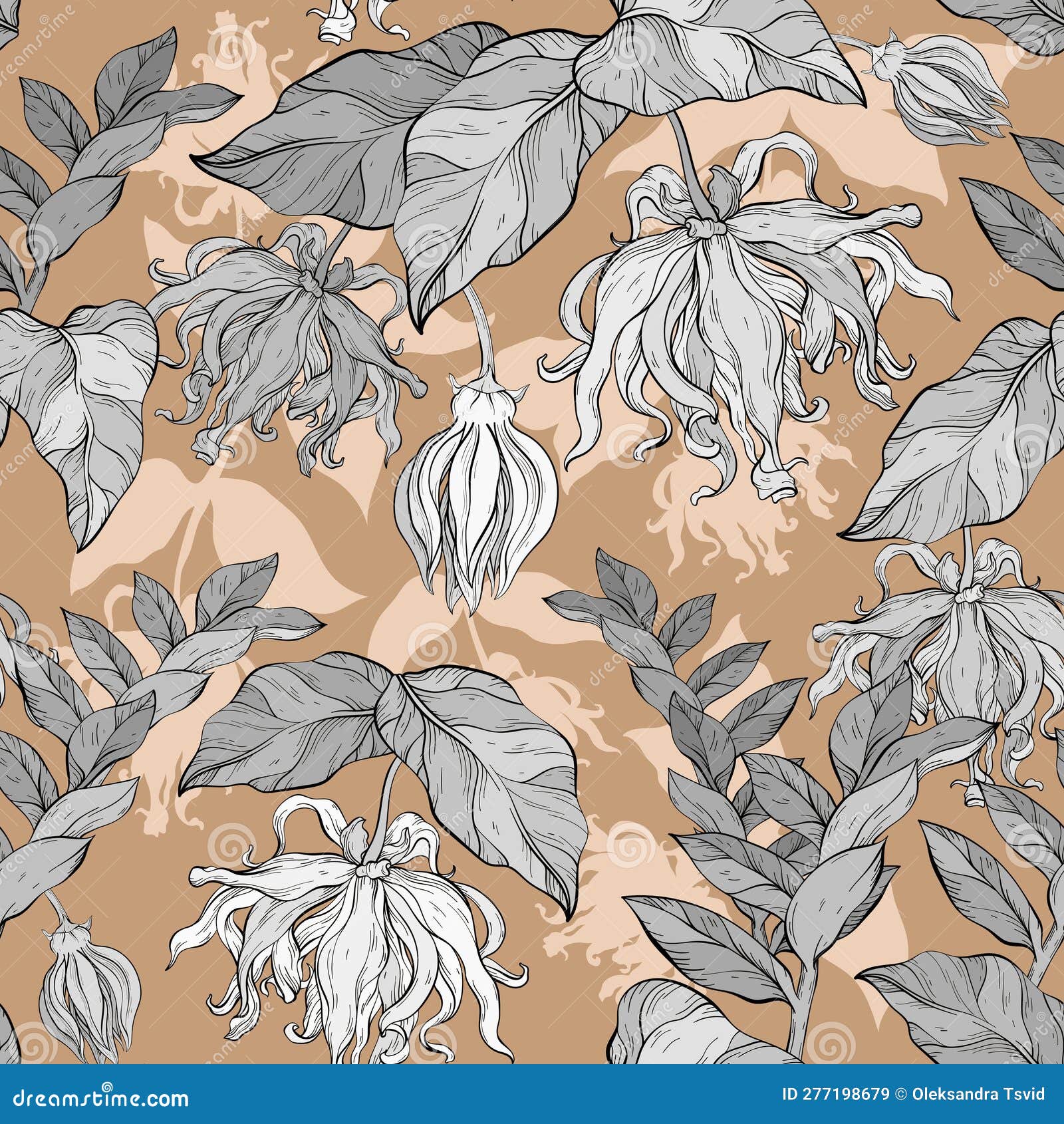 Seamless Pattern with Ylang Ylang Flowers and Leaves Stock Illustration