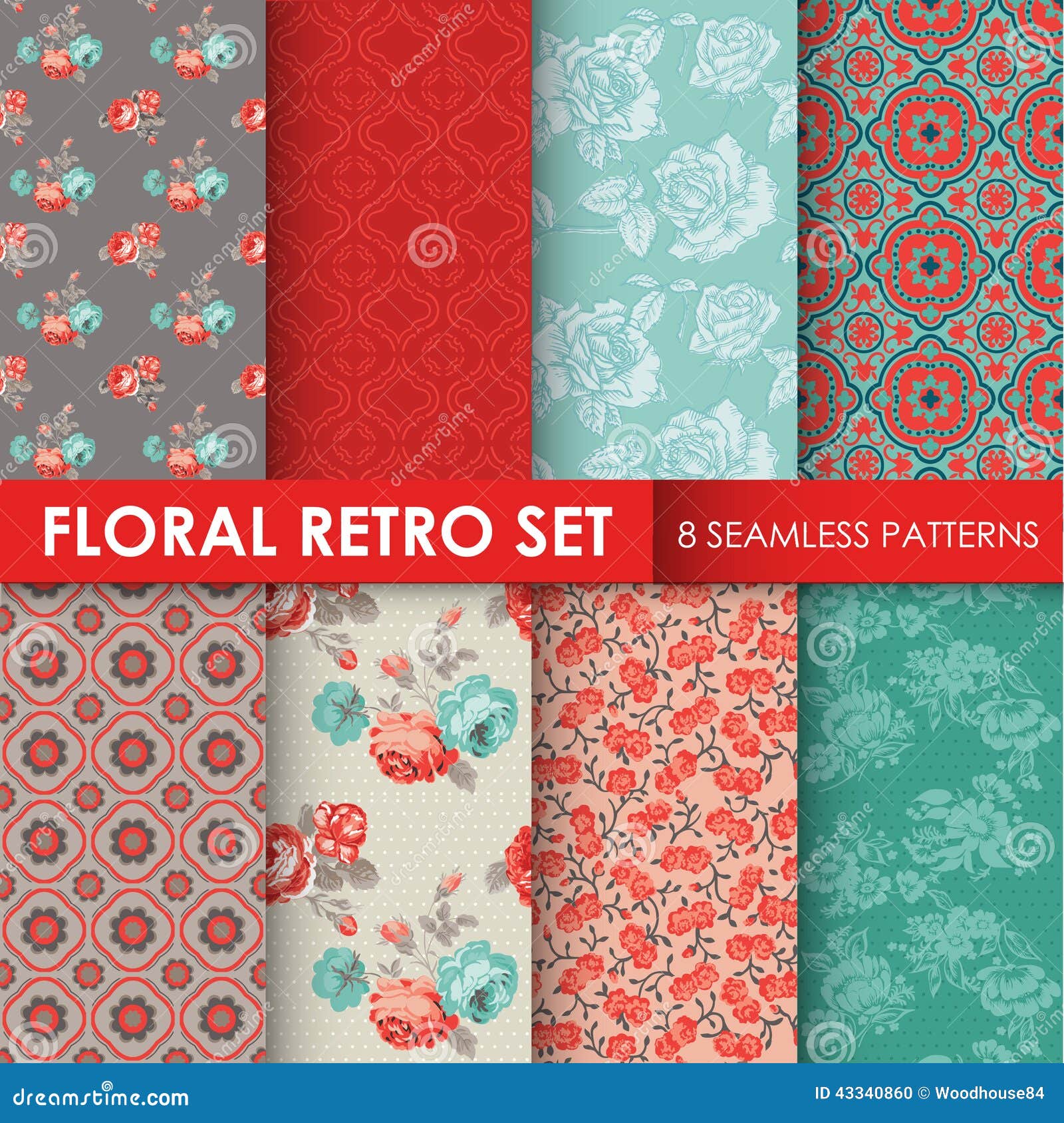 8 seamless patterns - floral retro set