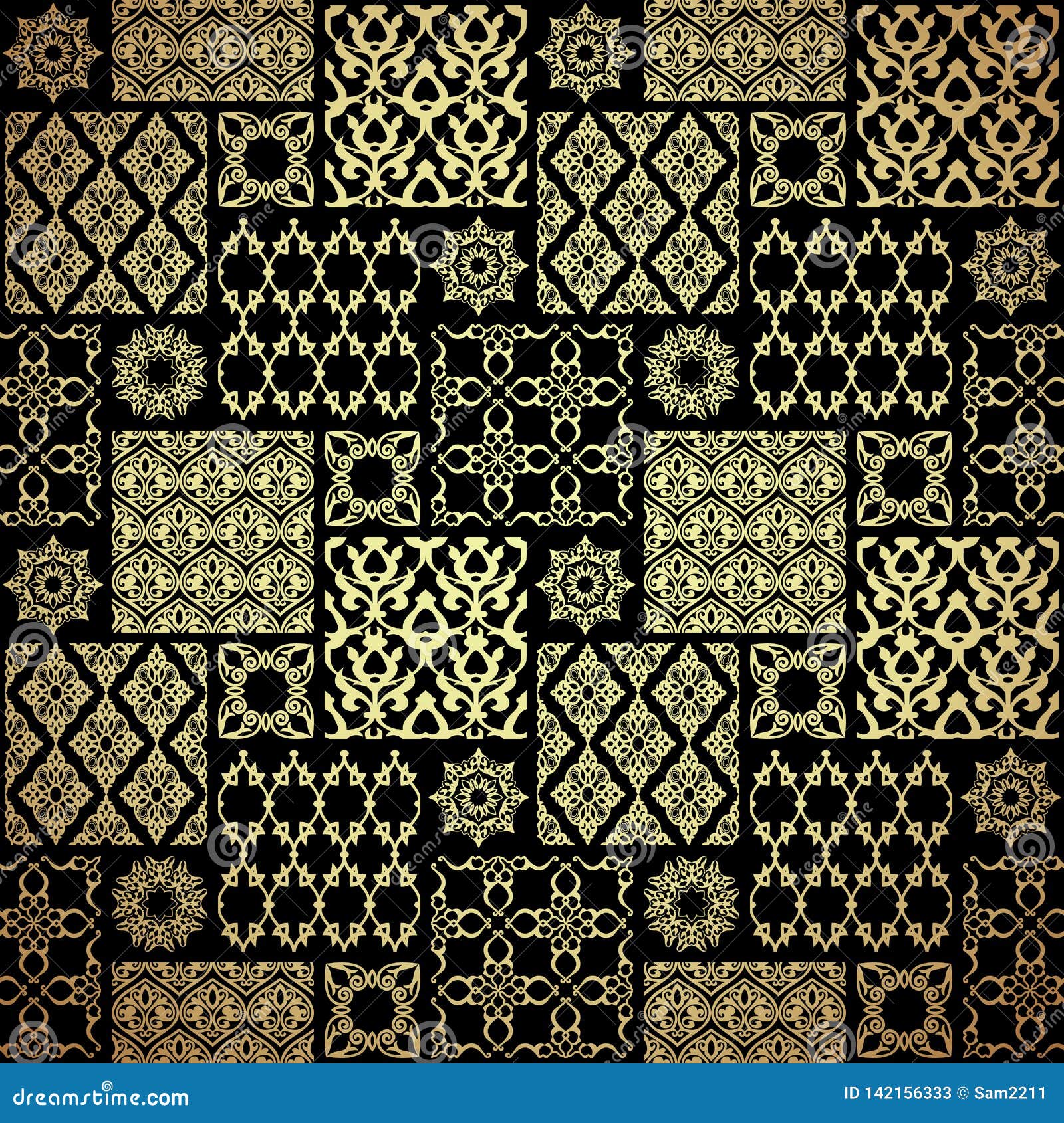Seamless Patternwith Oriental Motif Black And Gold Patchwork
